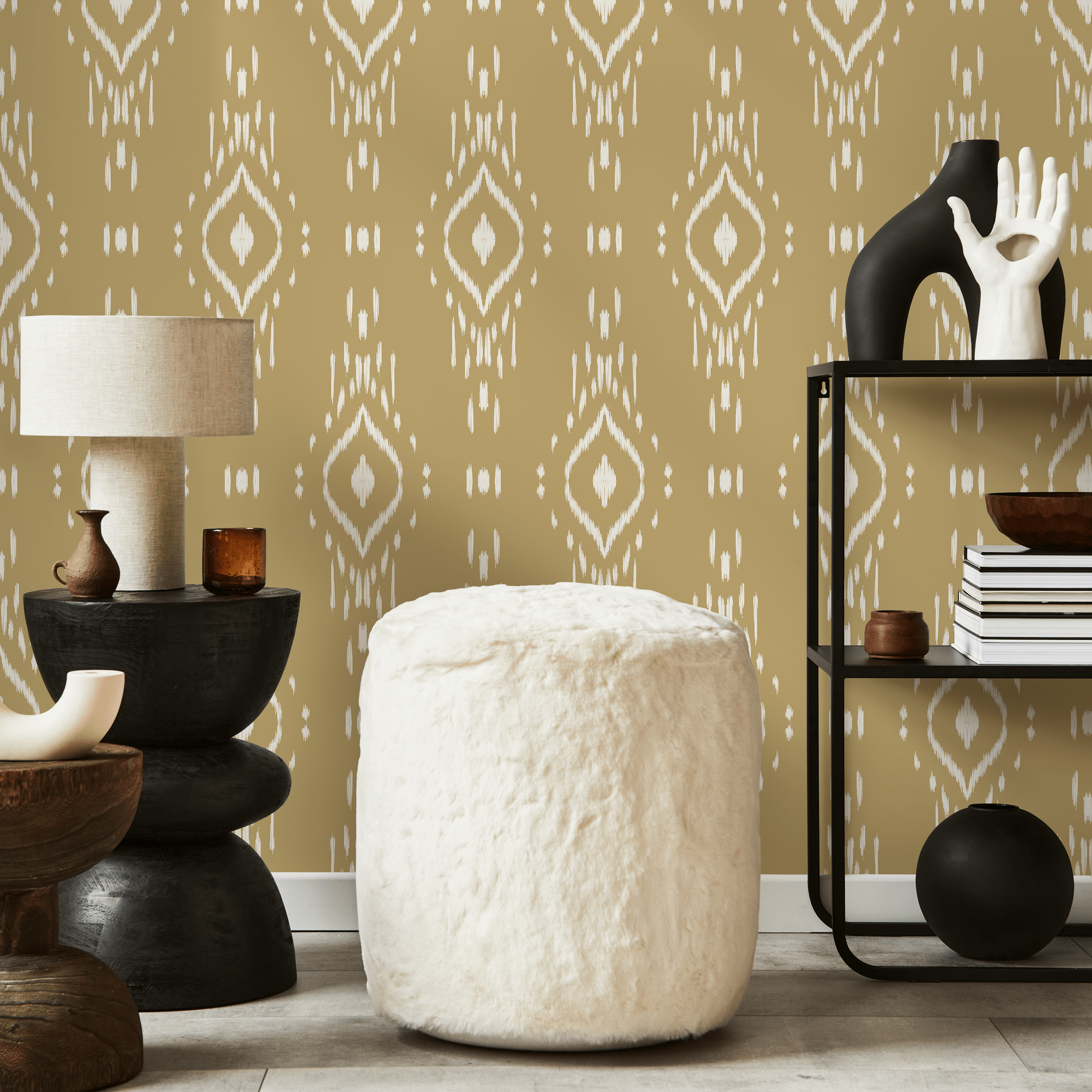 Ikat Wallpaper With A Bohemian Diamond Motif In Tan And White - C778