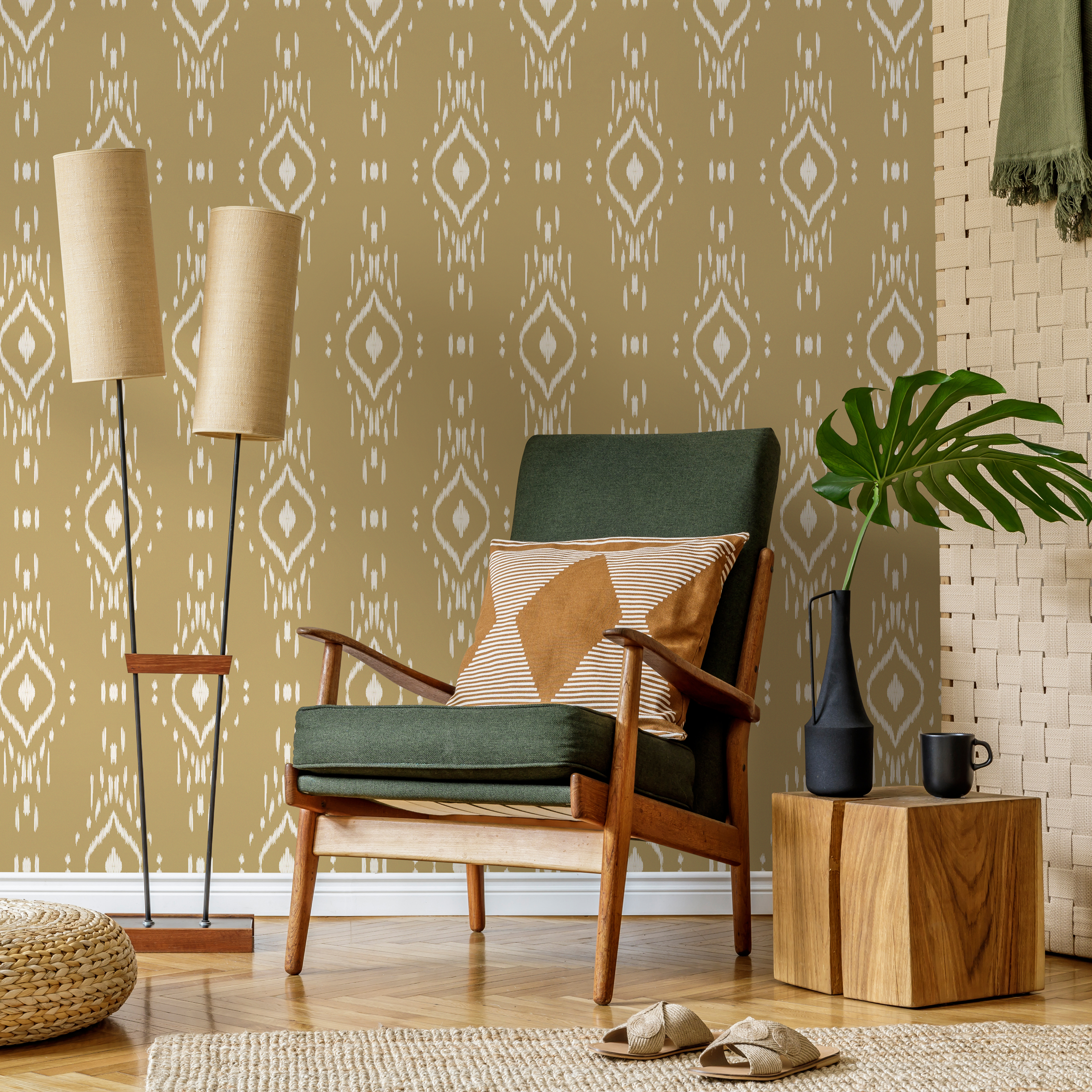 Ikat Wallpaper With A Bohemian Diamond Motif In Tan And White - C778