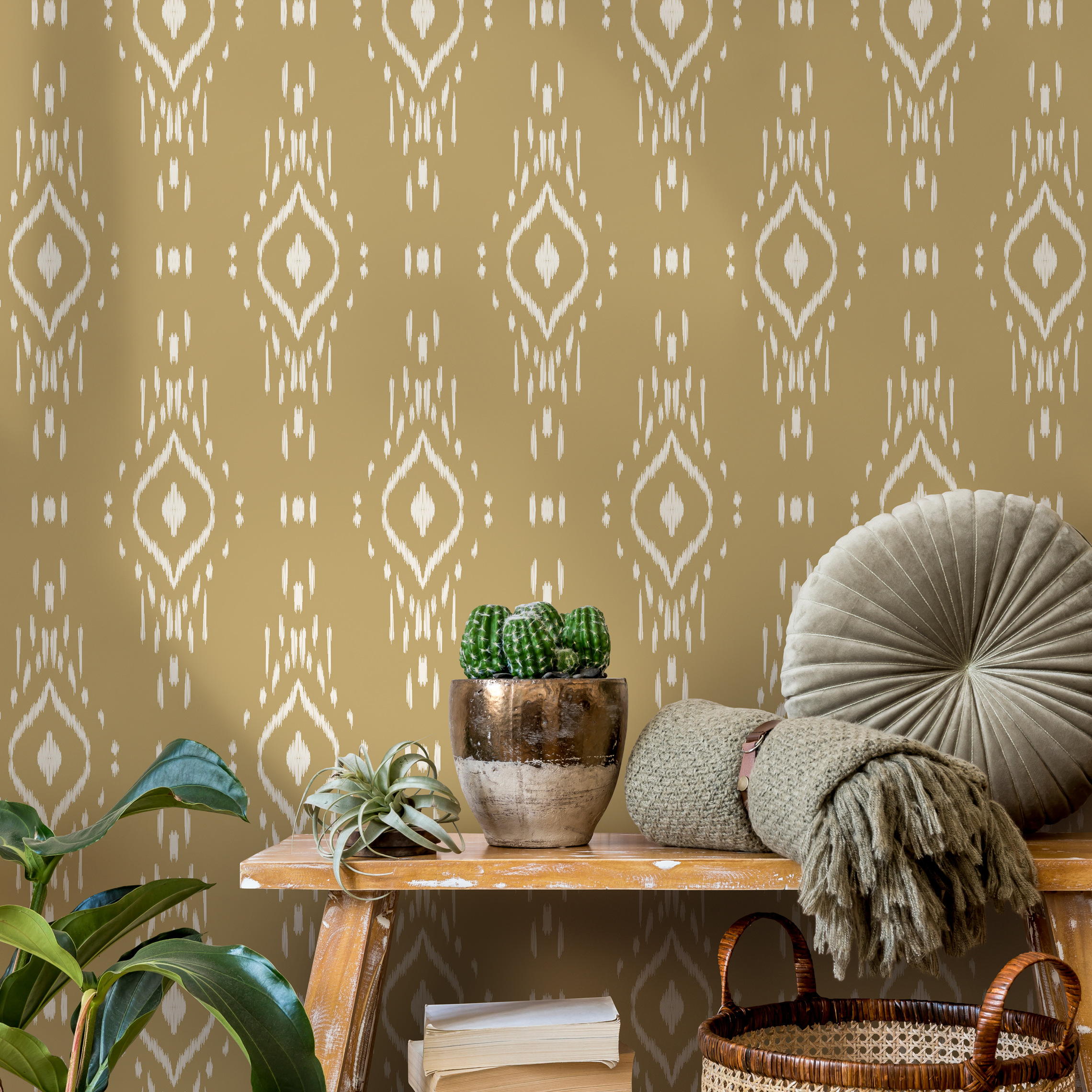 Ikat Wallpaper With A Bohemian Diamond Motif In Tan And White - C778