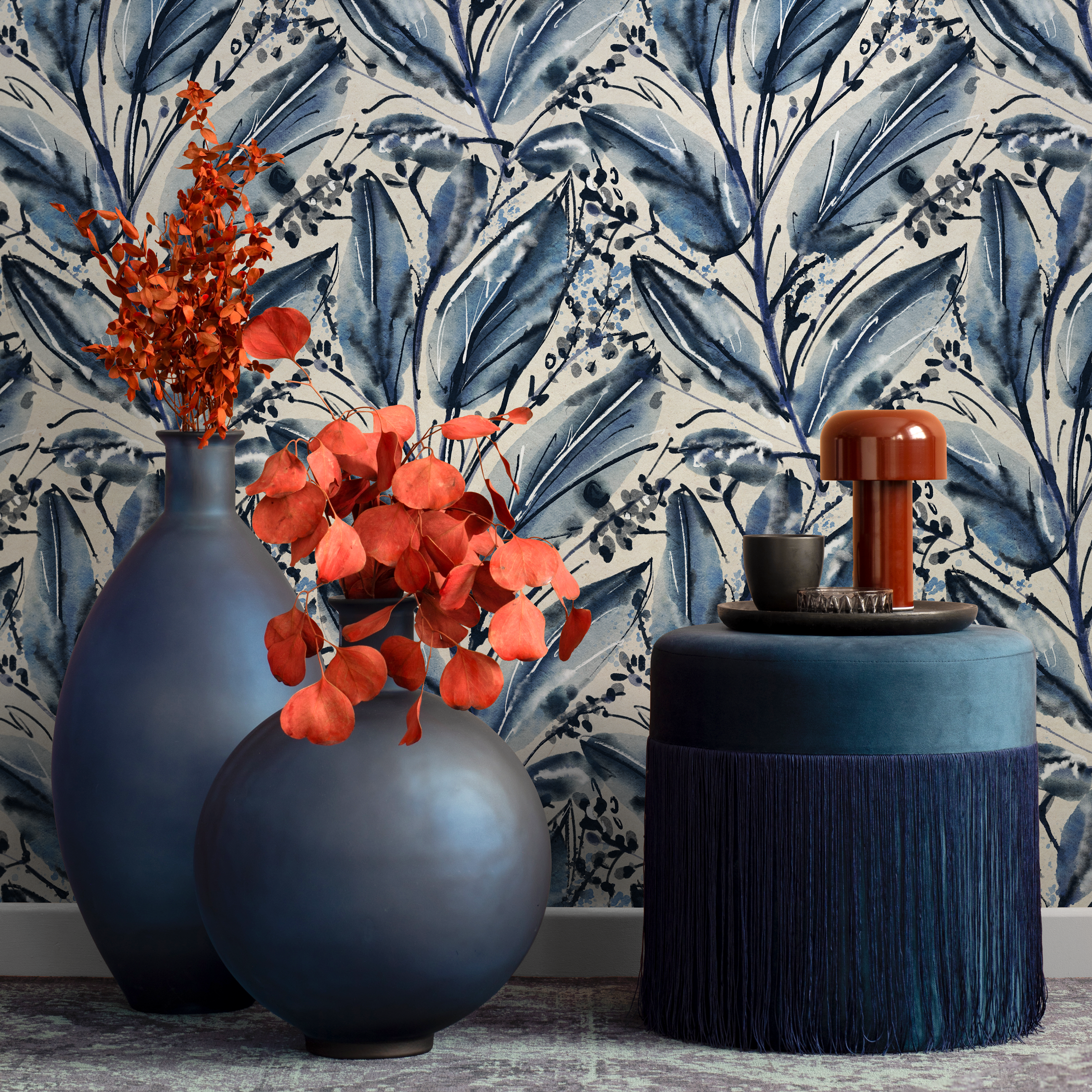 Botanical Wallpaper Featuring Watercolor Leaves In Blue And Black - C780