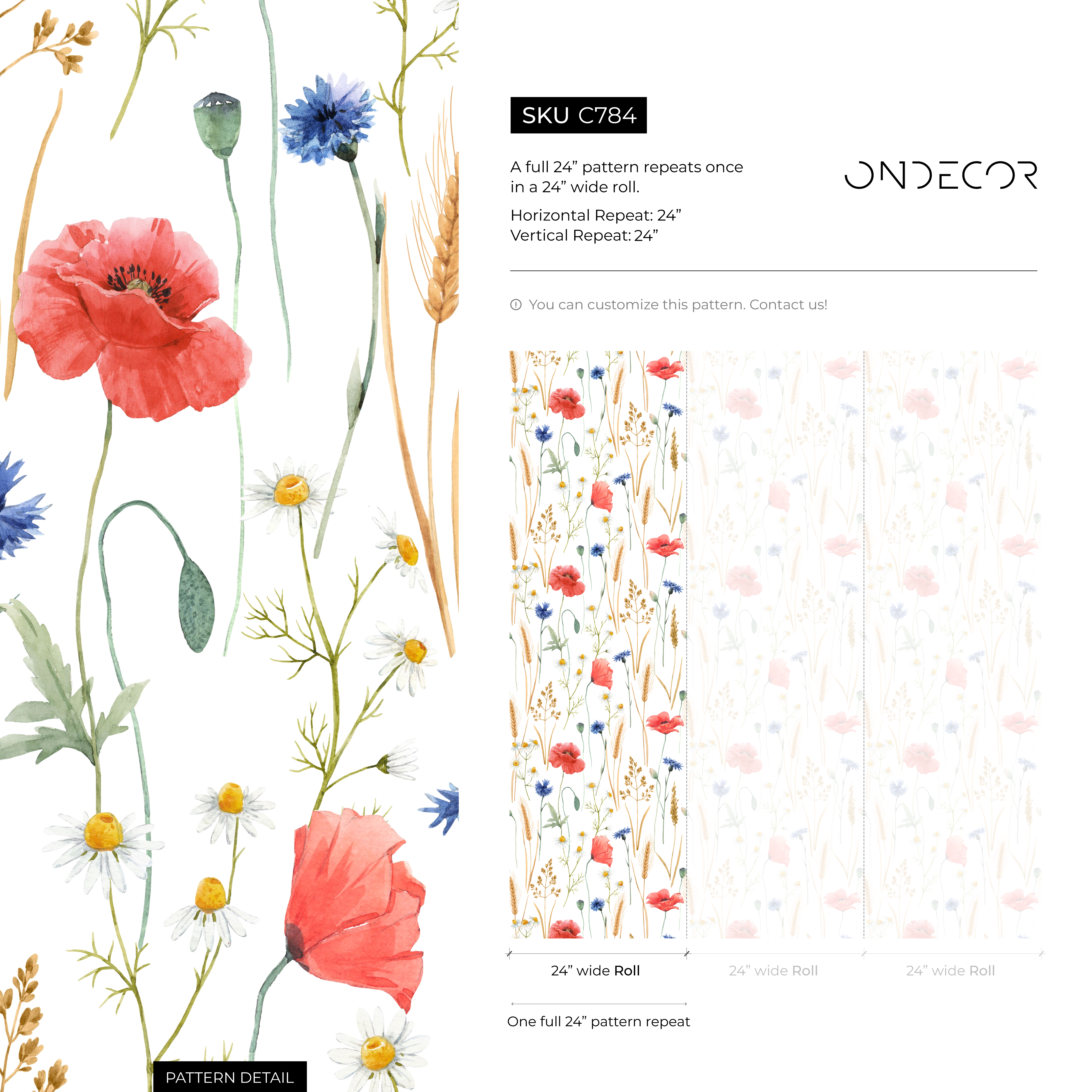 Botanical Wallpaper Featuring Poppies And Cornflowers In Red, Blue, And Gold - C784