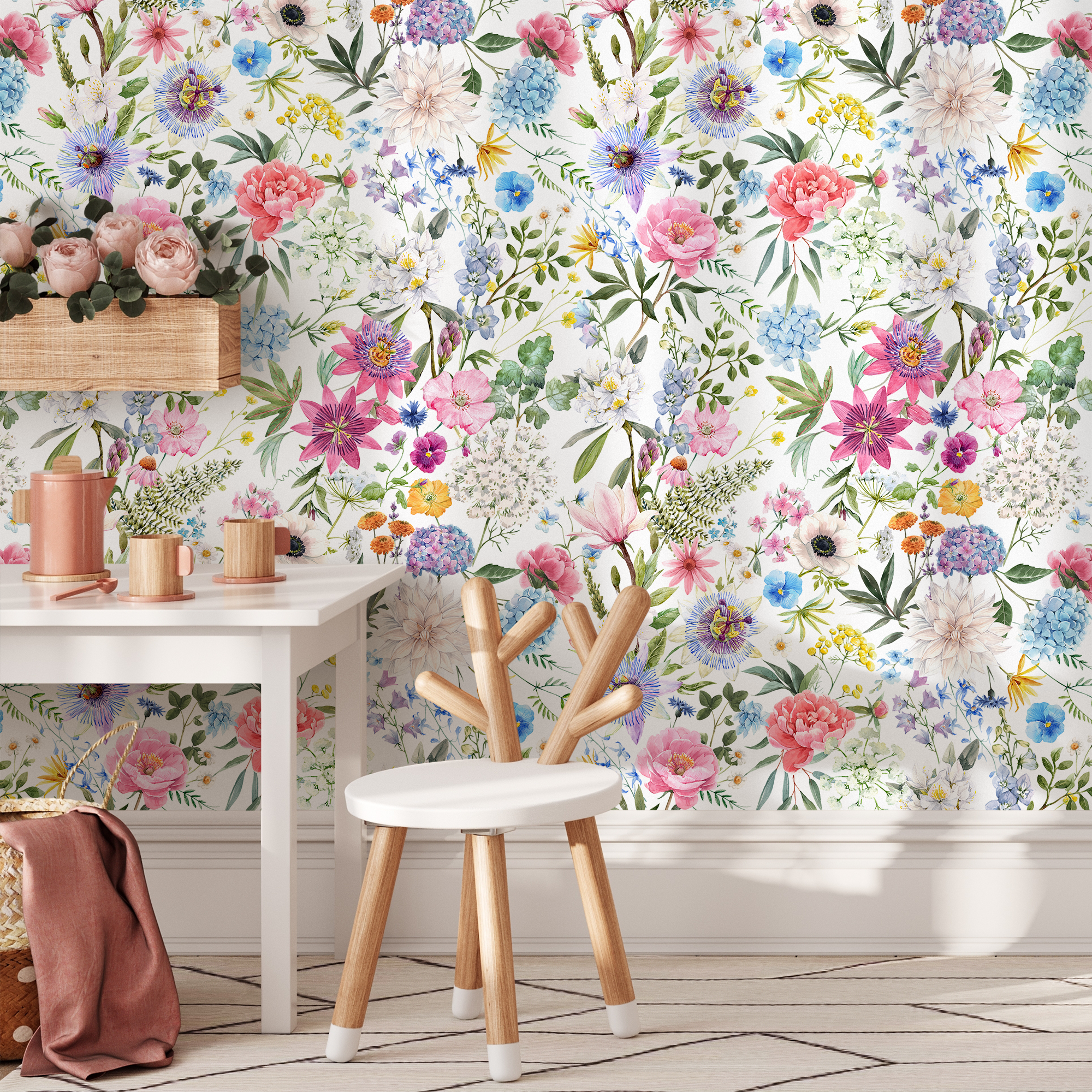 Botanical Wallpaper With A Watercolor Wildflower Meadow In Pink, Blue, And Purple - C785