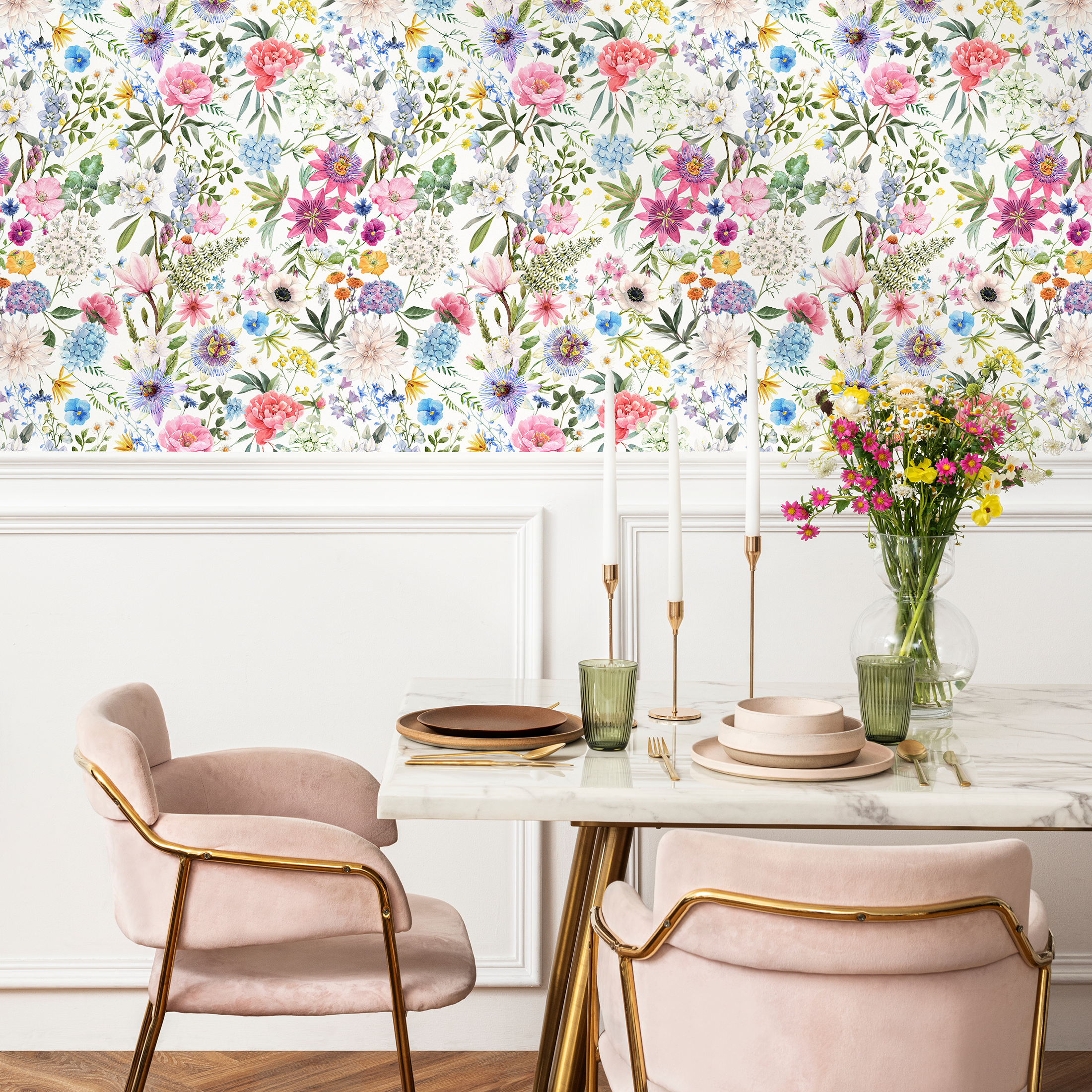 Botanical Wallpaper With A Watercolor Wildflower Meadow In Pink, Blue, And Purple - C785