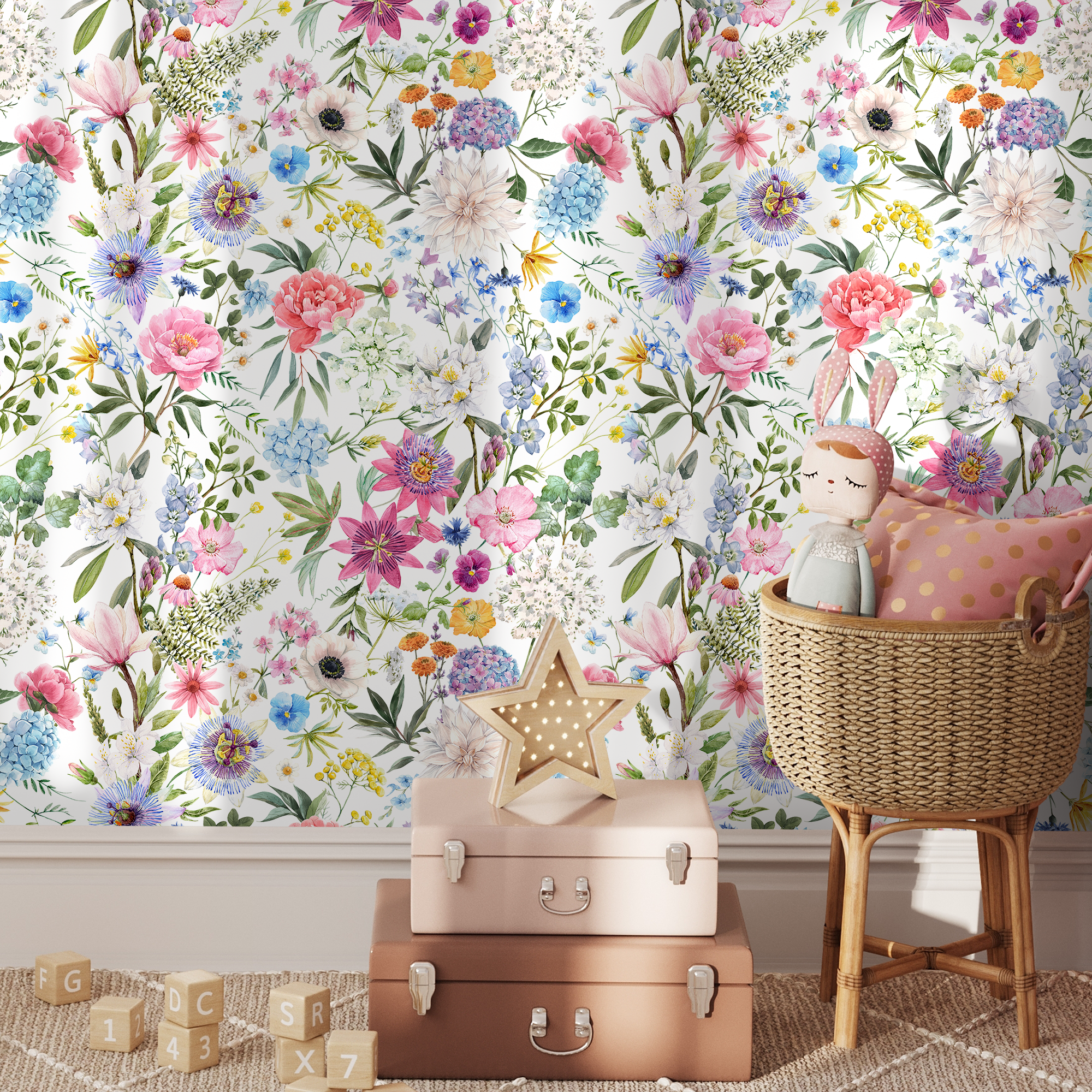 Botanical Wallpaper With A Watercolor Wildflower Meadow In Pink, Blue, And Purple - C785