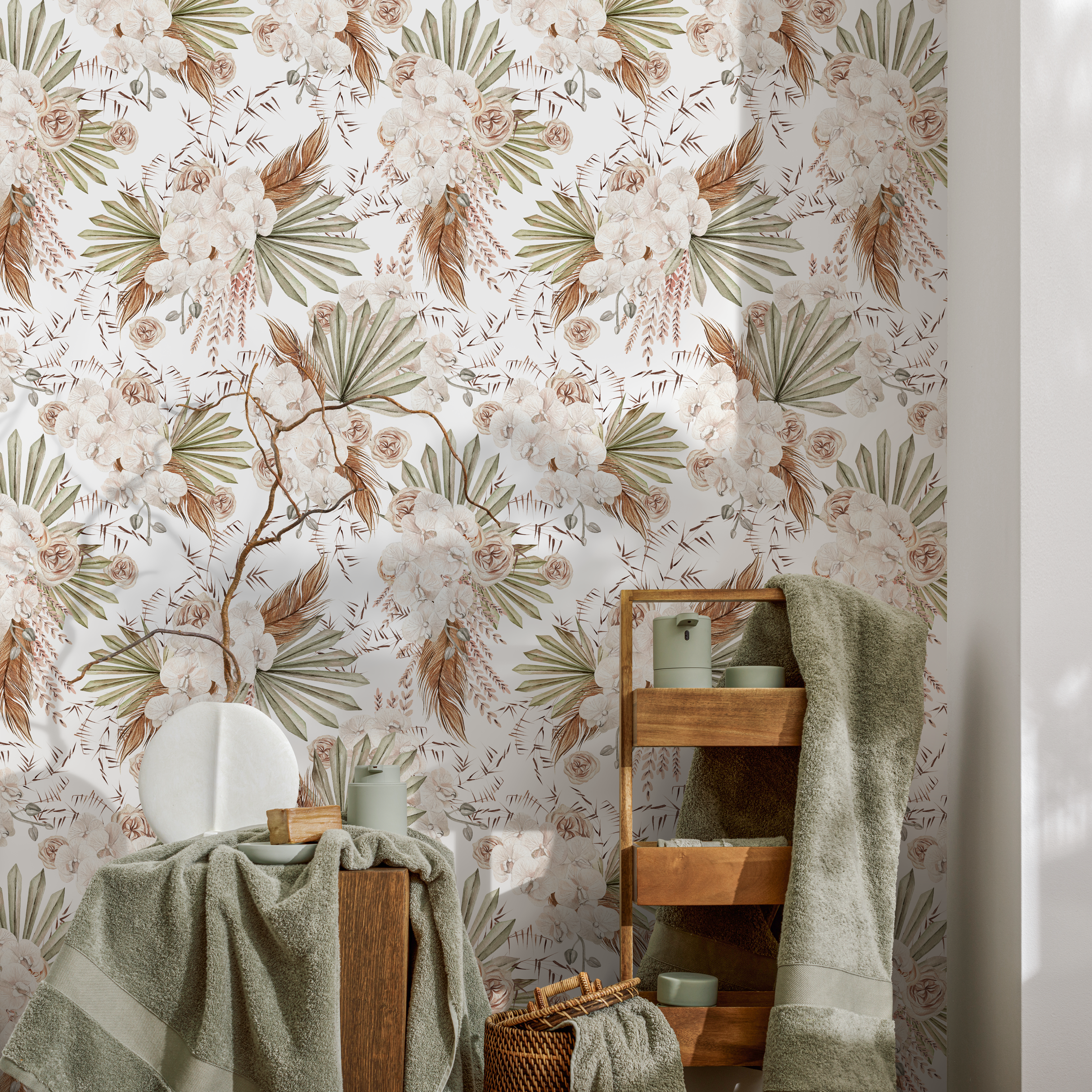 Boho Wallpaper With Dried Palms And Orchids In Beige And Green - C786
