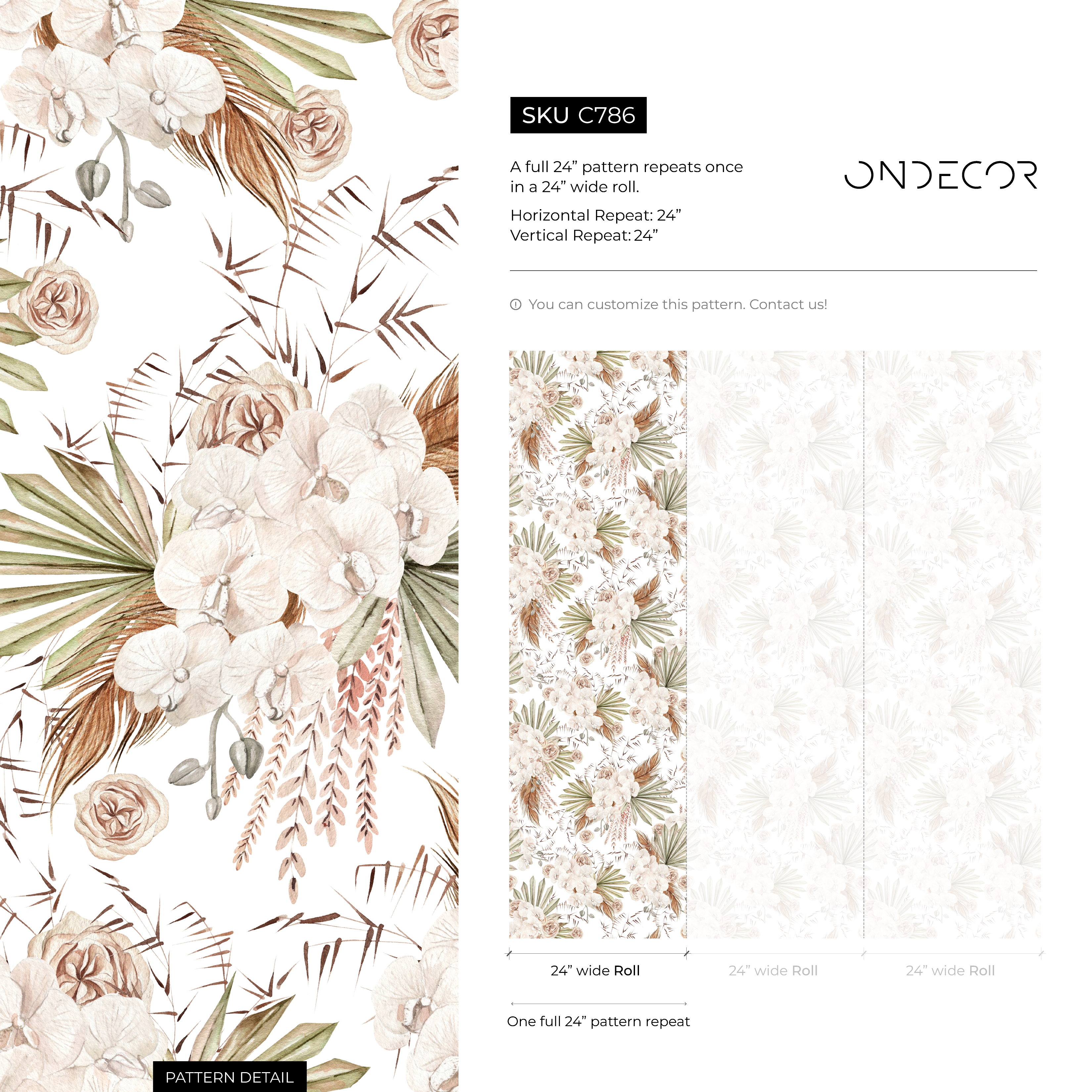 Boho Wallpaper With Dried Palms And Orchids In Beige And Green - C786