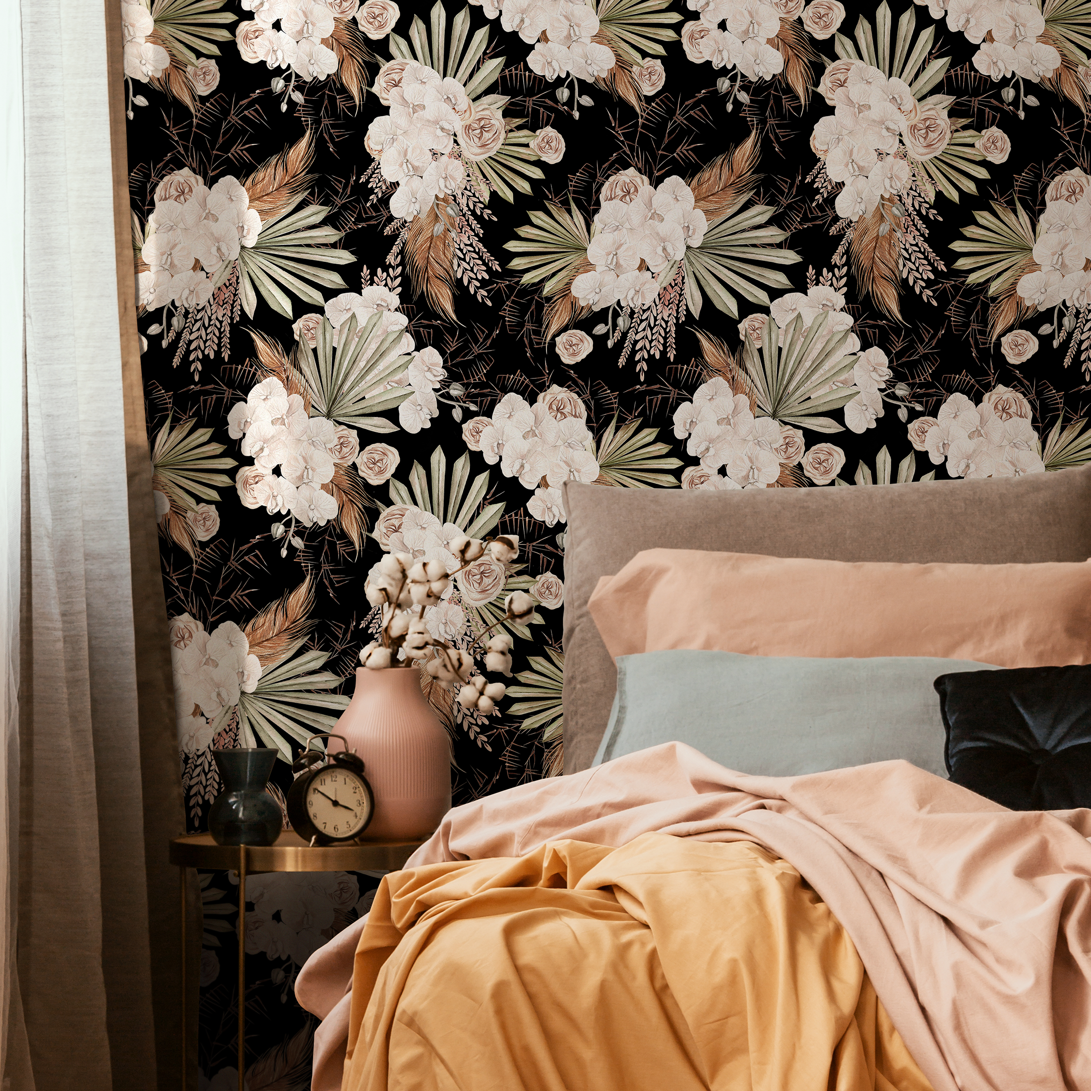 Boho Floral Wallpaper With Orchids And Palm Leaves In Black And Cream - C787
