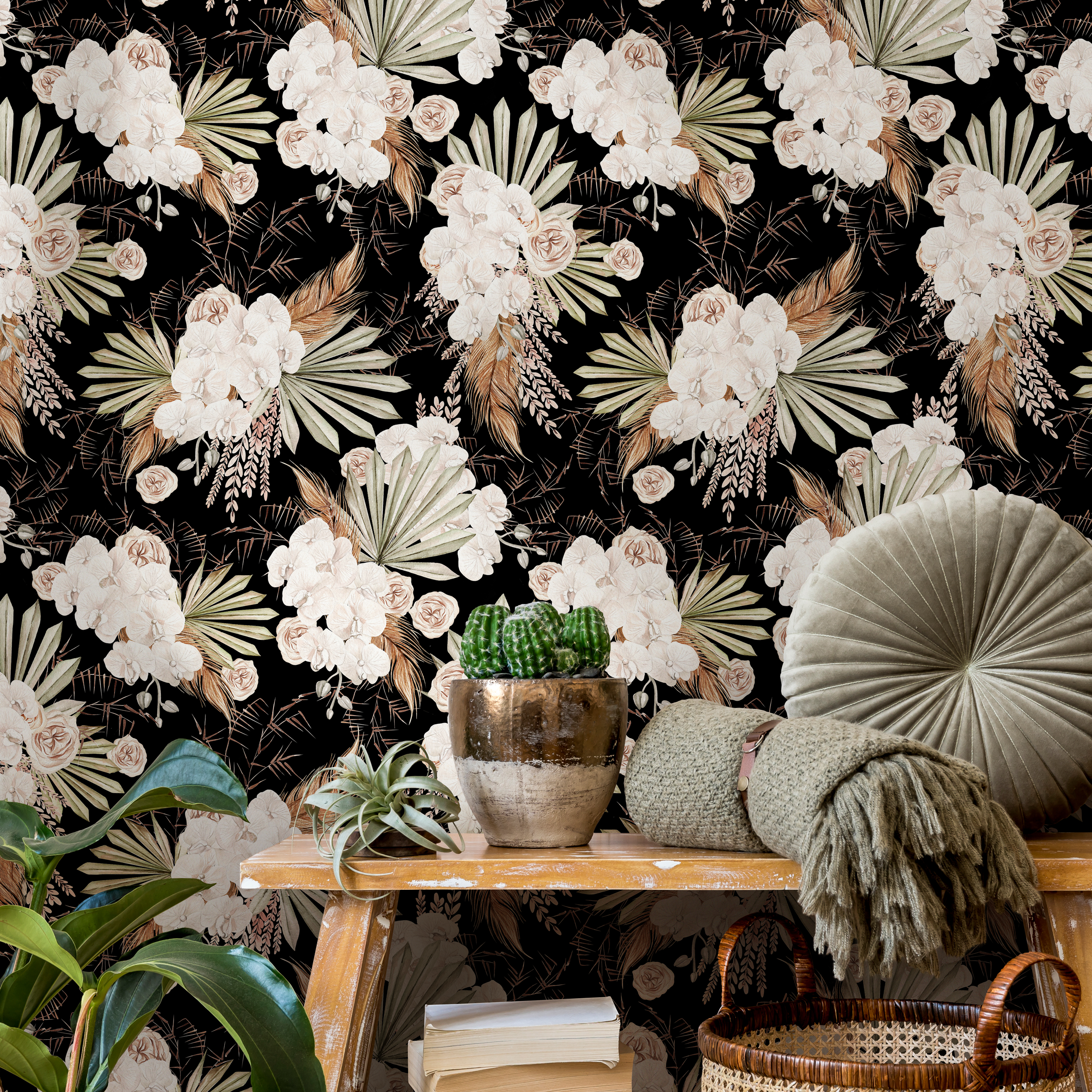 Boho Floral Wallpaper With Orchids And Palm Leaves In Black And Cream - C787