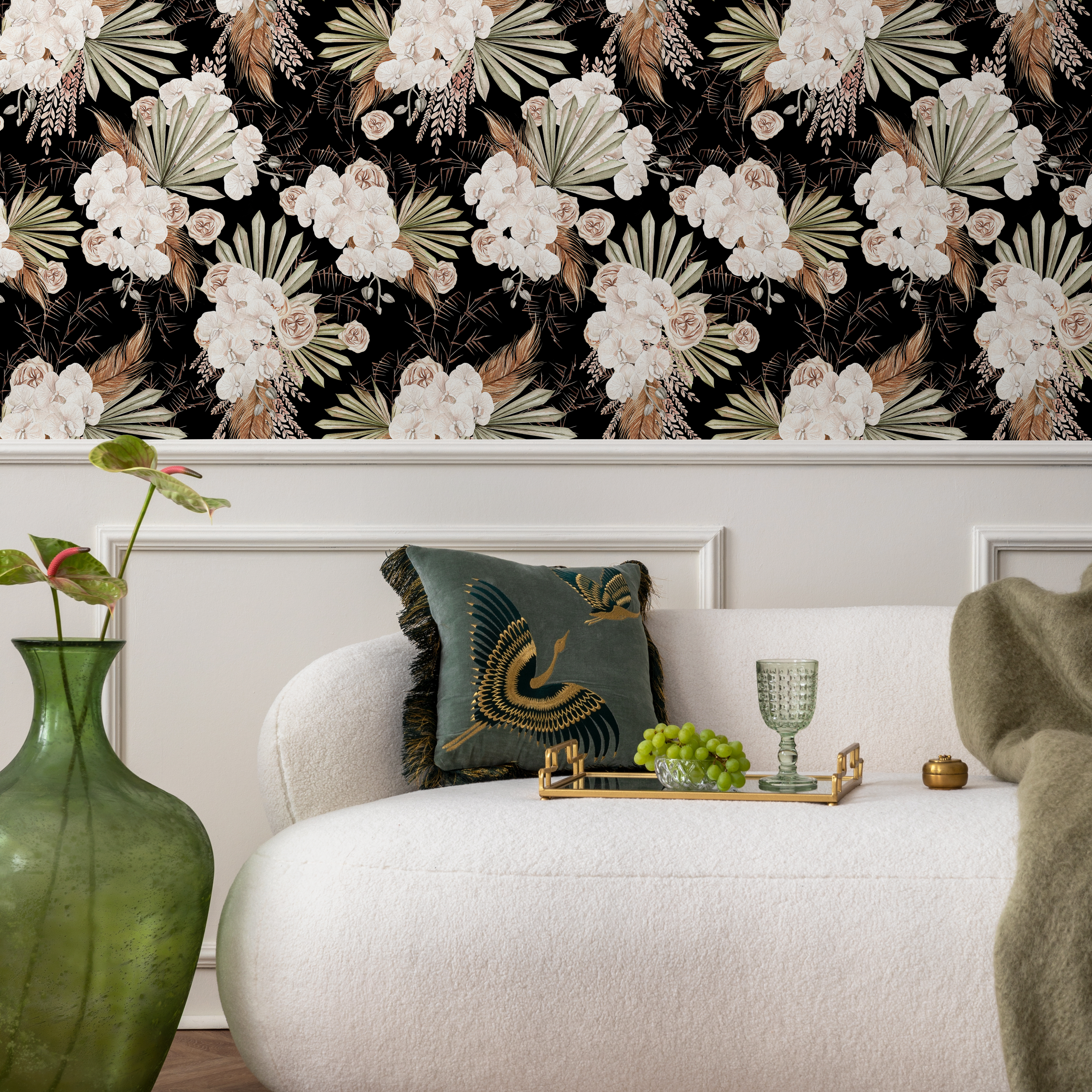 Boho Floral Wallpaper With Orchids And Palm Leaves In Black And Cream - C787