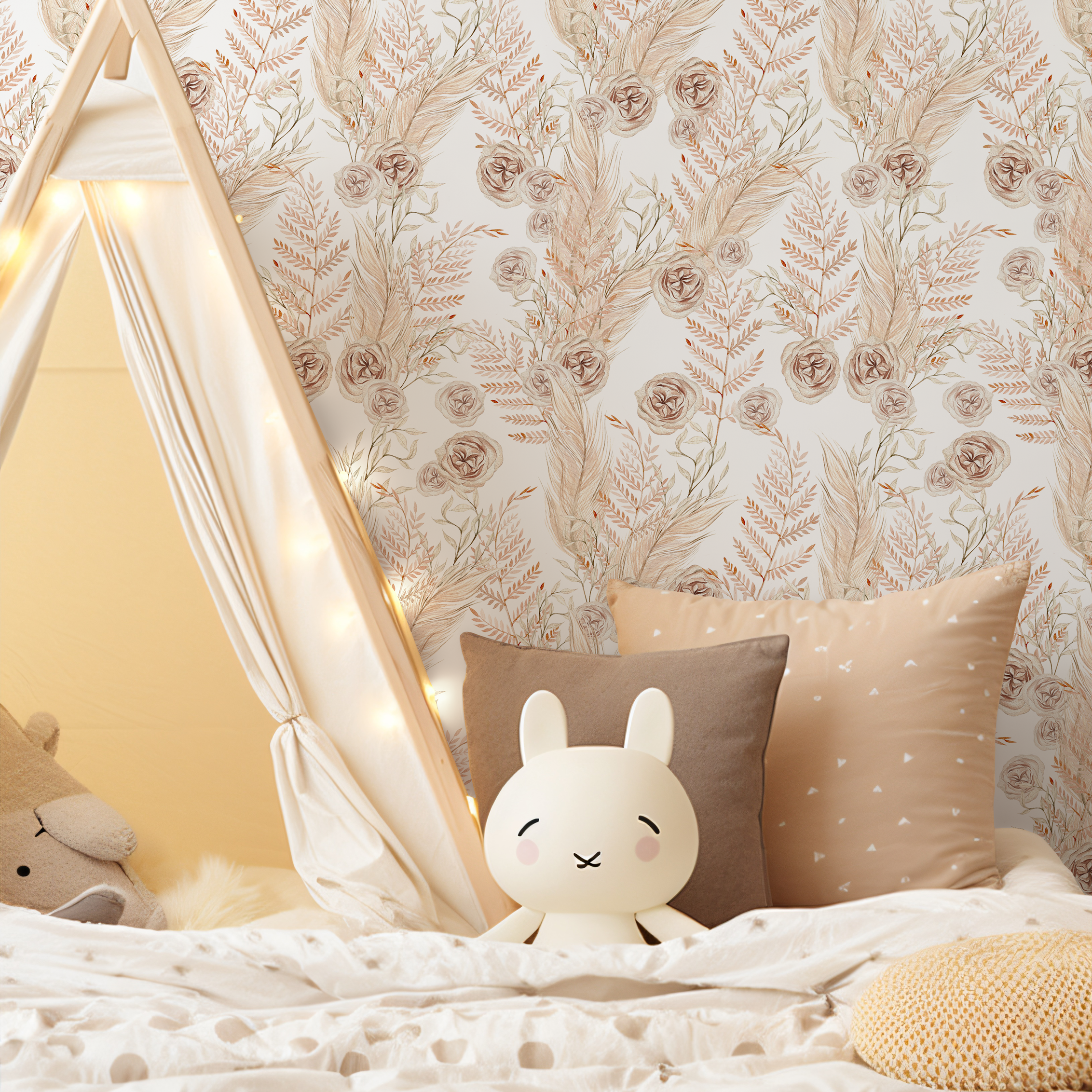 Boho Wallpaper Featuring Dried Roses And Pampas Grass In Beige And Brown - C788