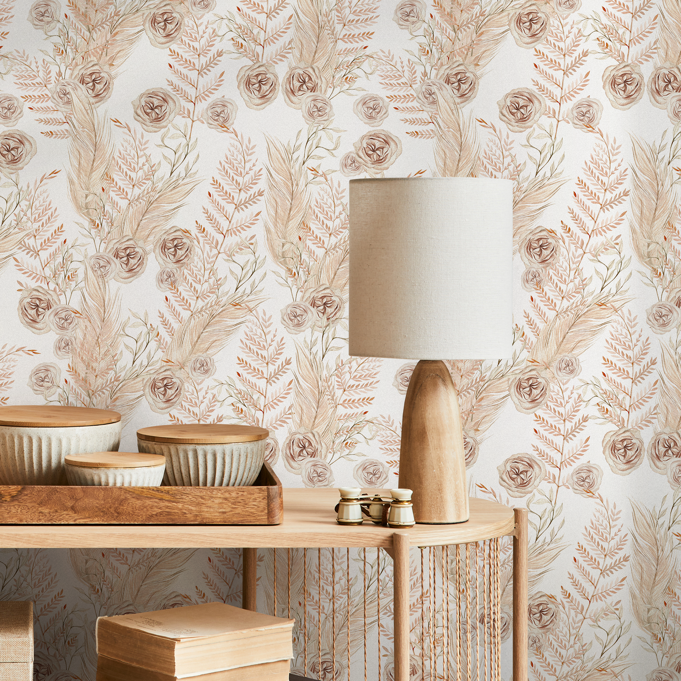 Boho Wallpaper Featuring Dried Roses And Pampas Grass In Beige And Brown - C788