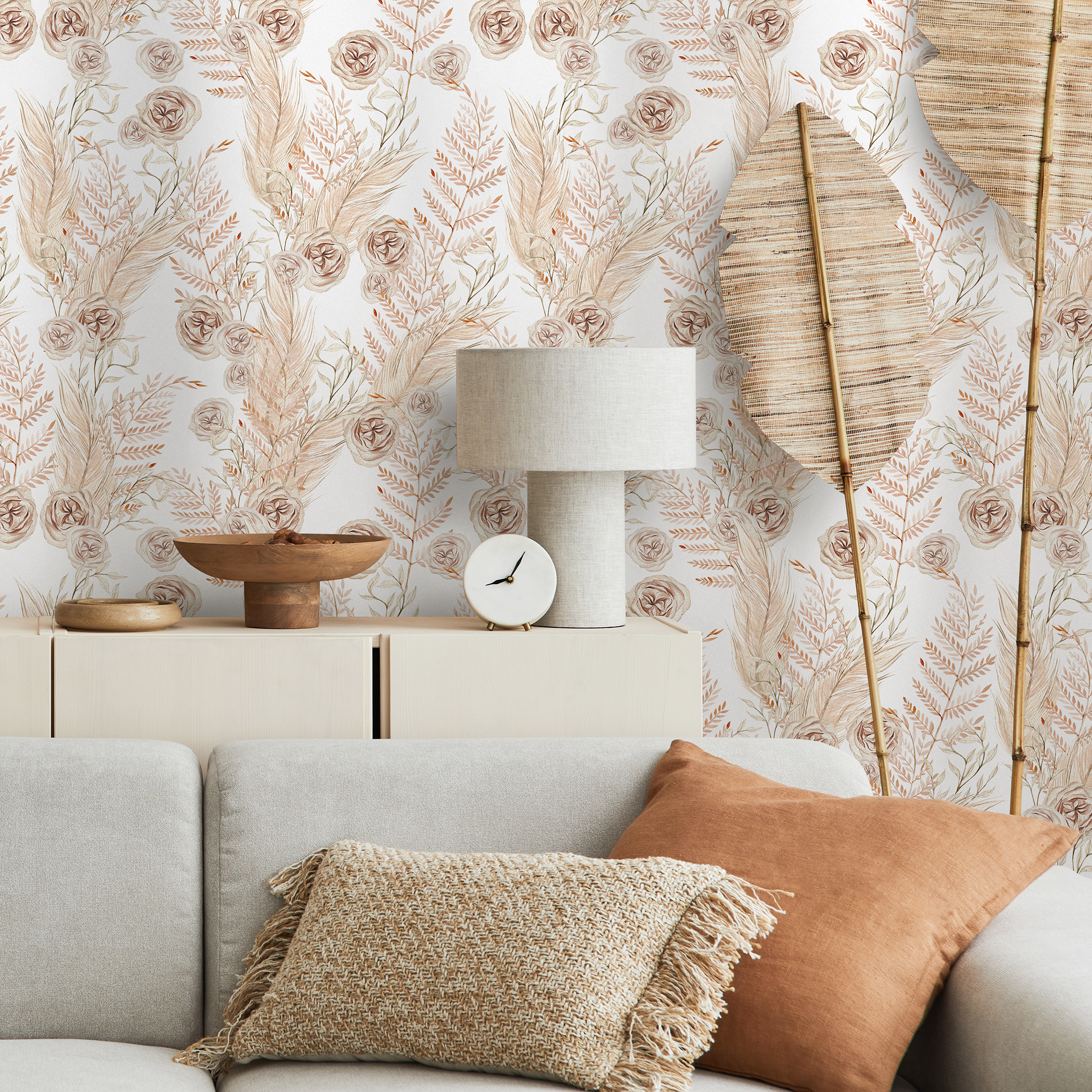 Boho Wallpaper Featuring Dried Roses And Pampas Grass In Beige And Brown - C788