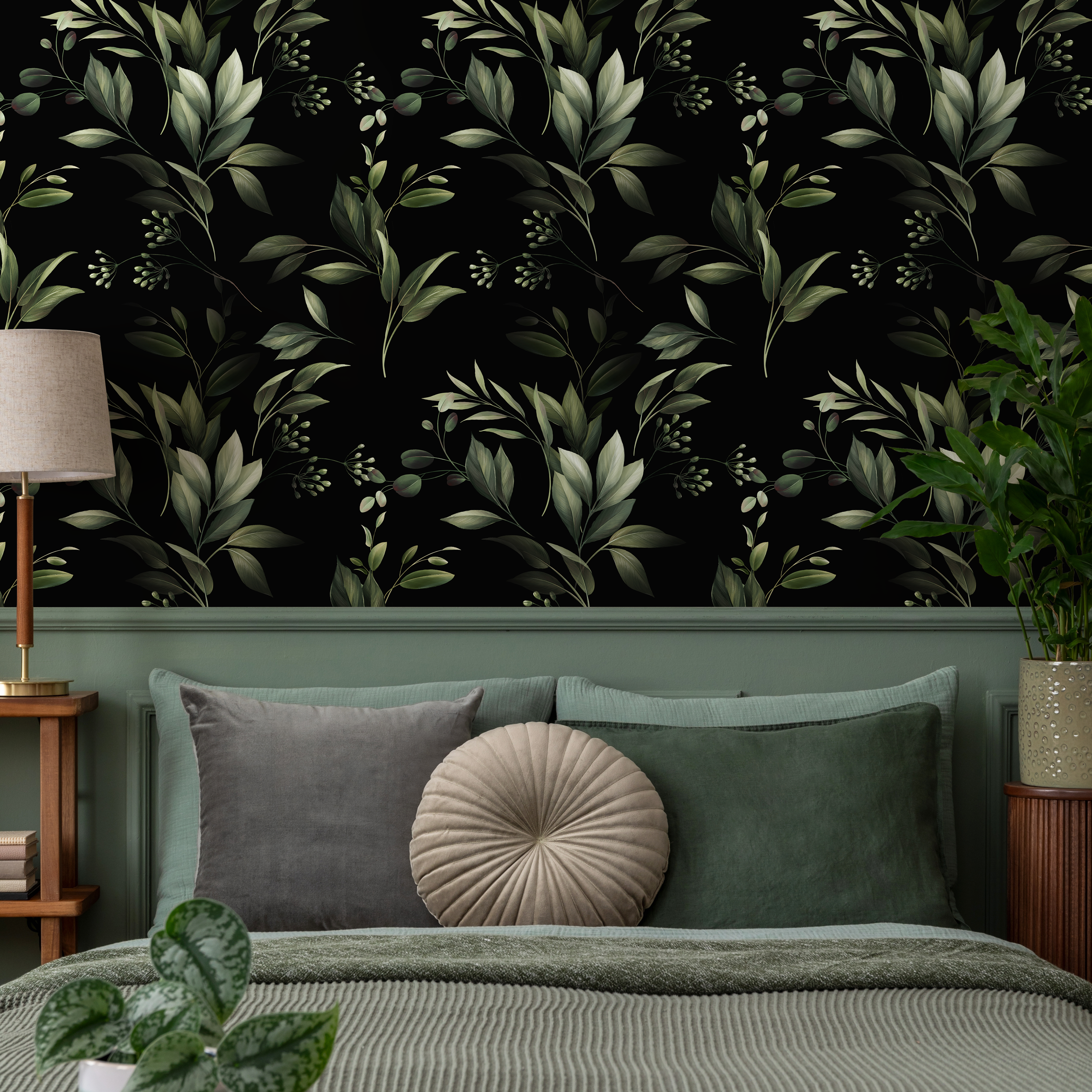 Botanical Wallpaper With Lush Leafy Branches In Green And Black - C790