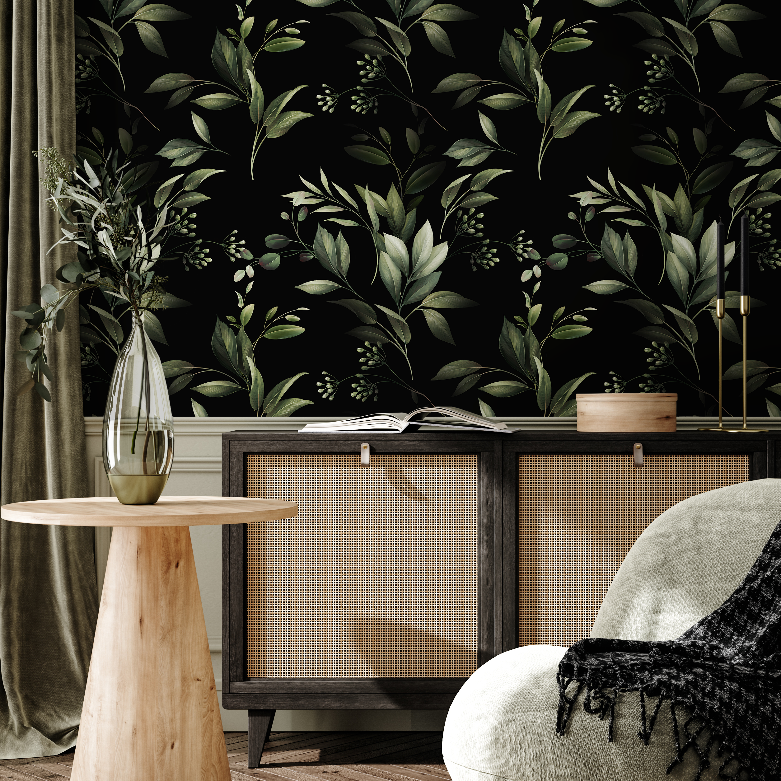 Botanical Wallpaper With Lush Leafy Branches In Green And Black - C790