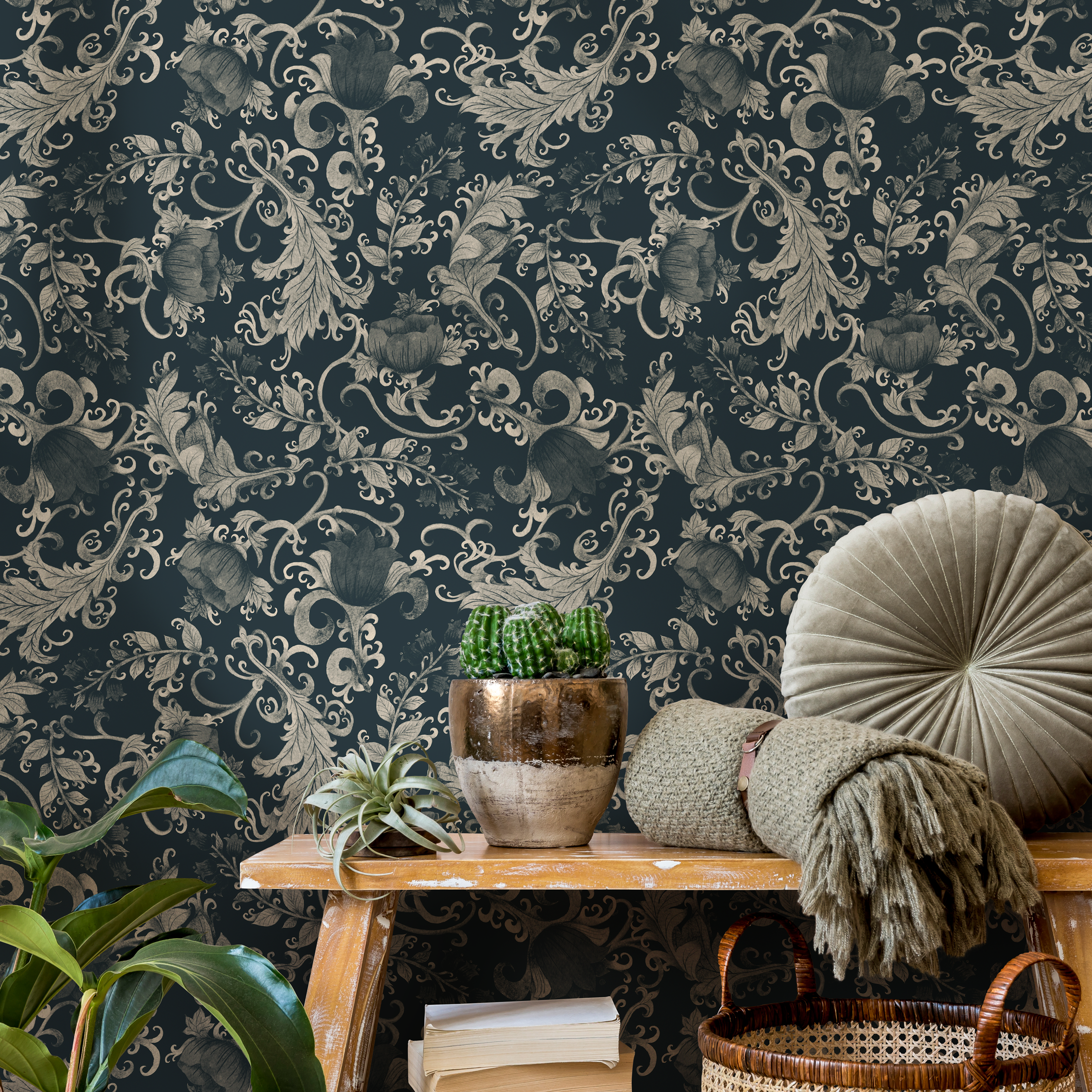 Art Nouveau Wallpaper With Floral Scrolls In Dark Blue And Beige - C791