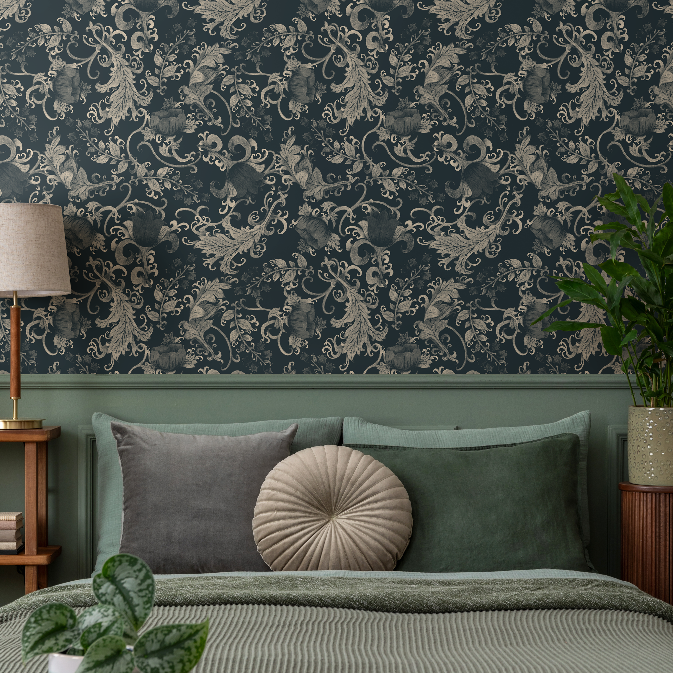 Art Nouveau Wallpaper With Floral Scrolls In Dark Blue And Beige - C791