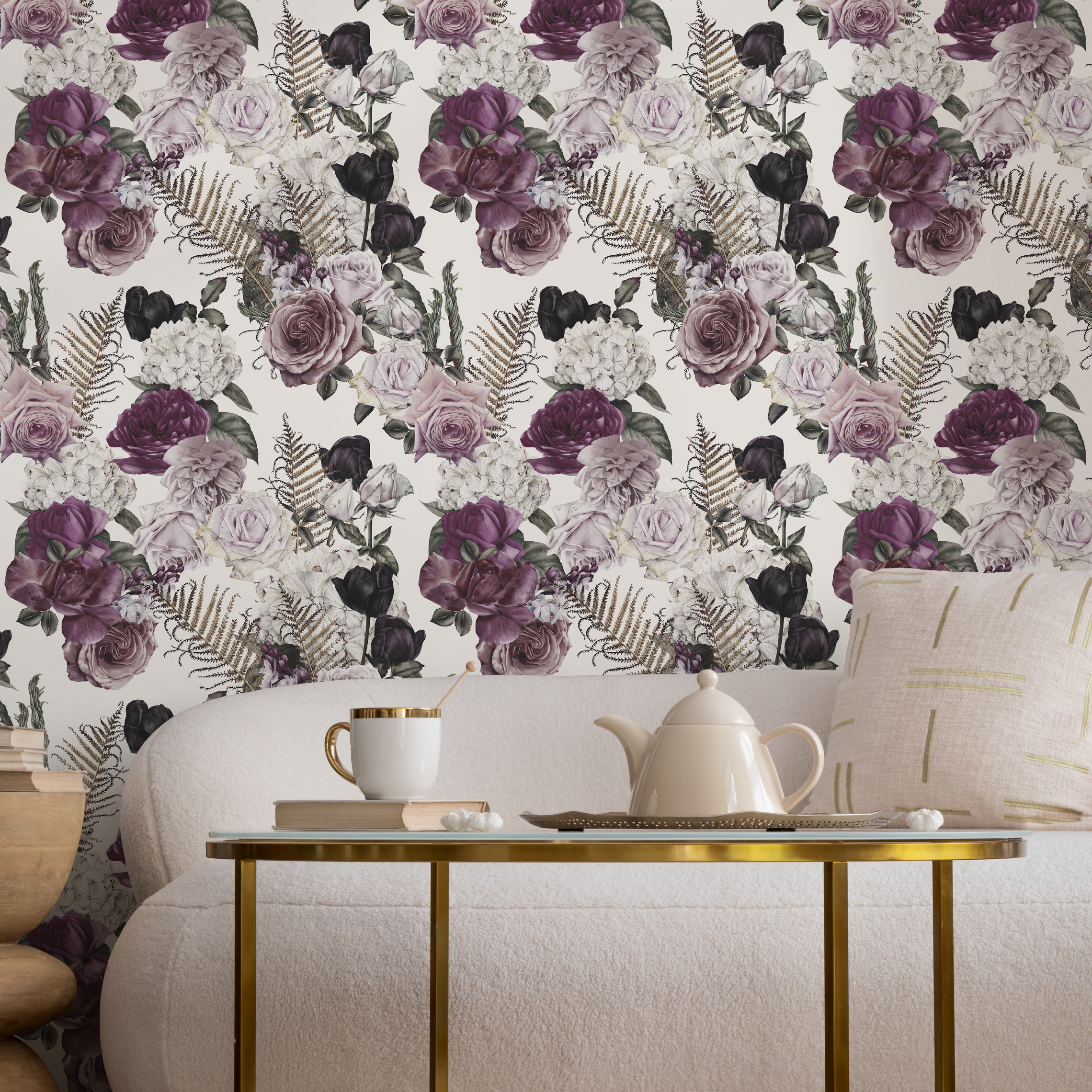 Floral Wallpaper With Vintage Roses And Ferns In Purple, Black, And White - C792