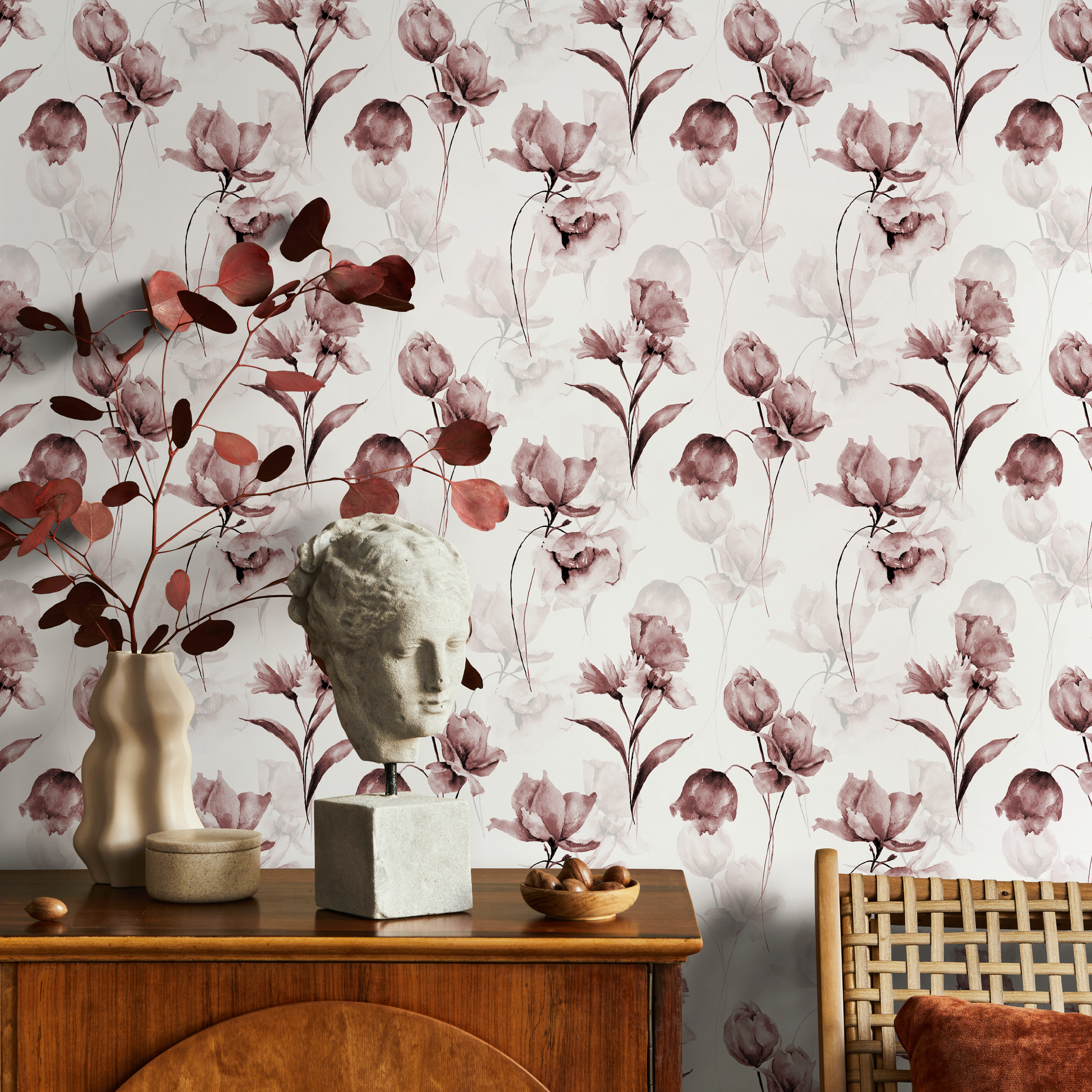 Floral Wallpaper Featuring Ethereal Blooms In Dusty Rose And Brown - C793