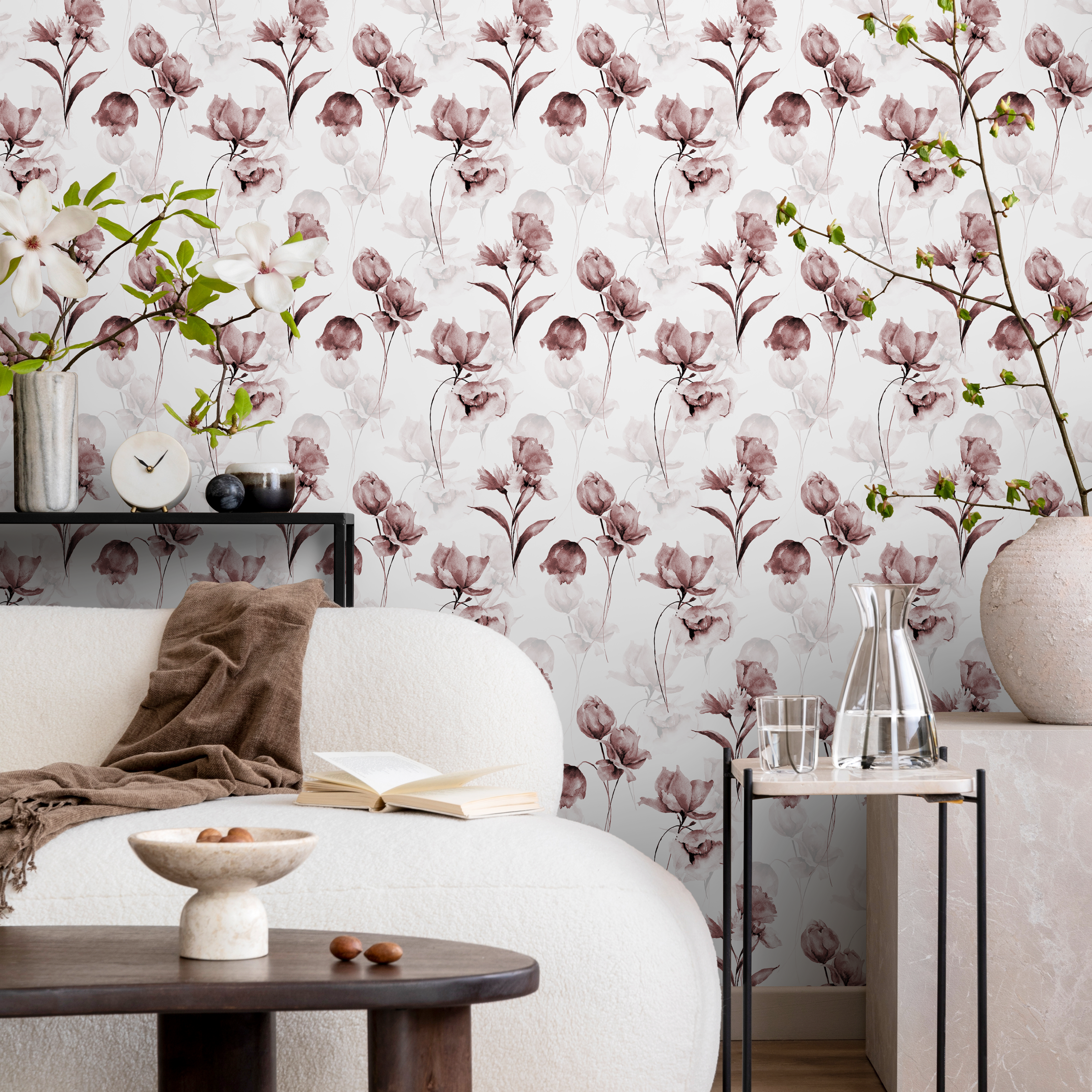 Floral Wallpaper Featuring Ethereal Blooms In Dusty Rose And Brown - C793