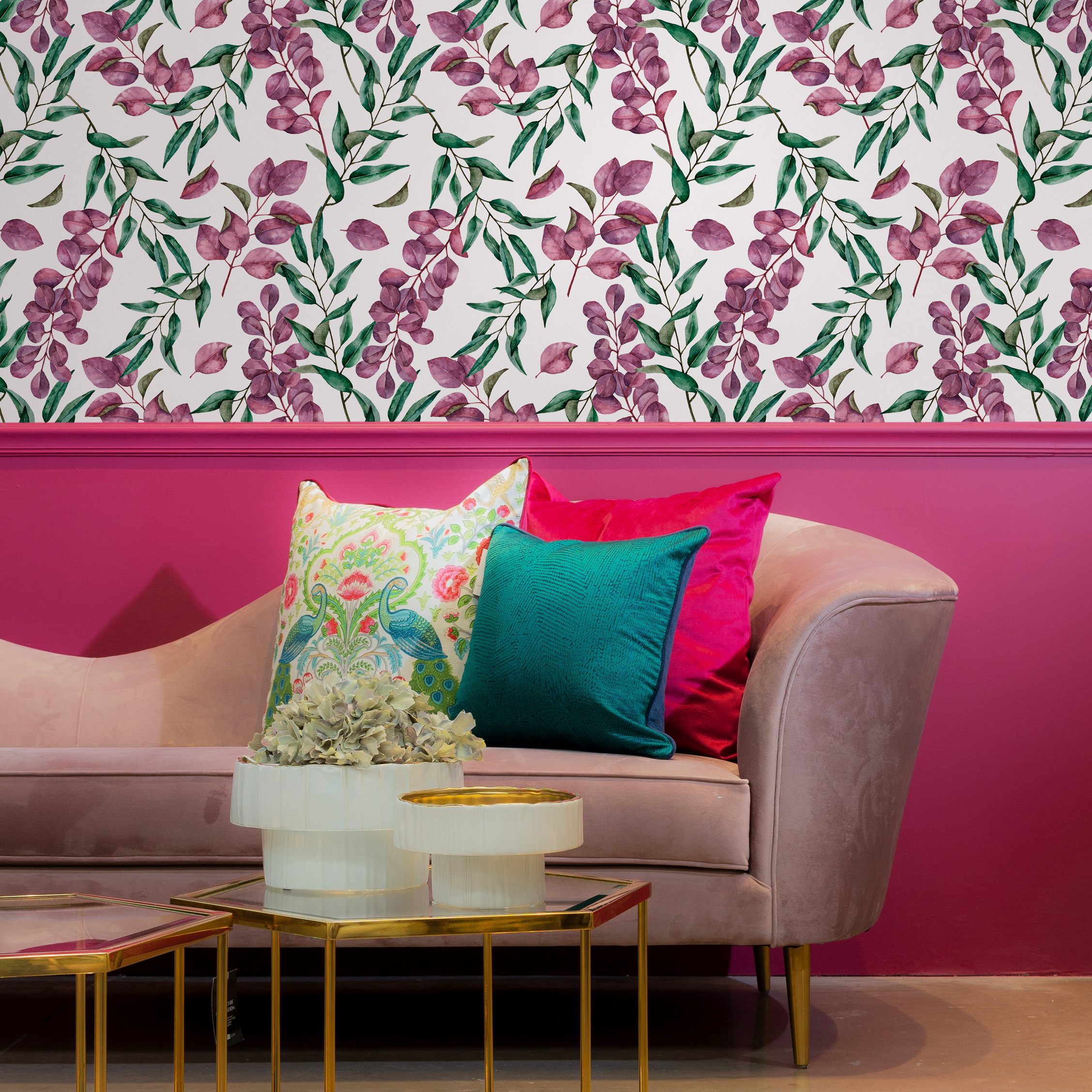 Botanical Wallpaper Featuring Watercolor Eucalyptus In Purple And Green - C794