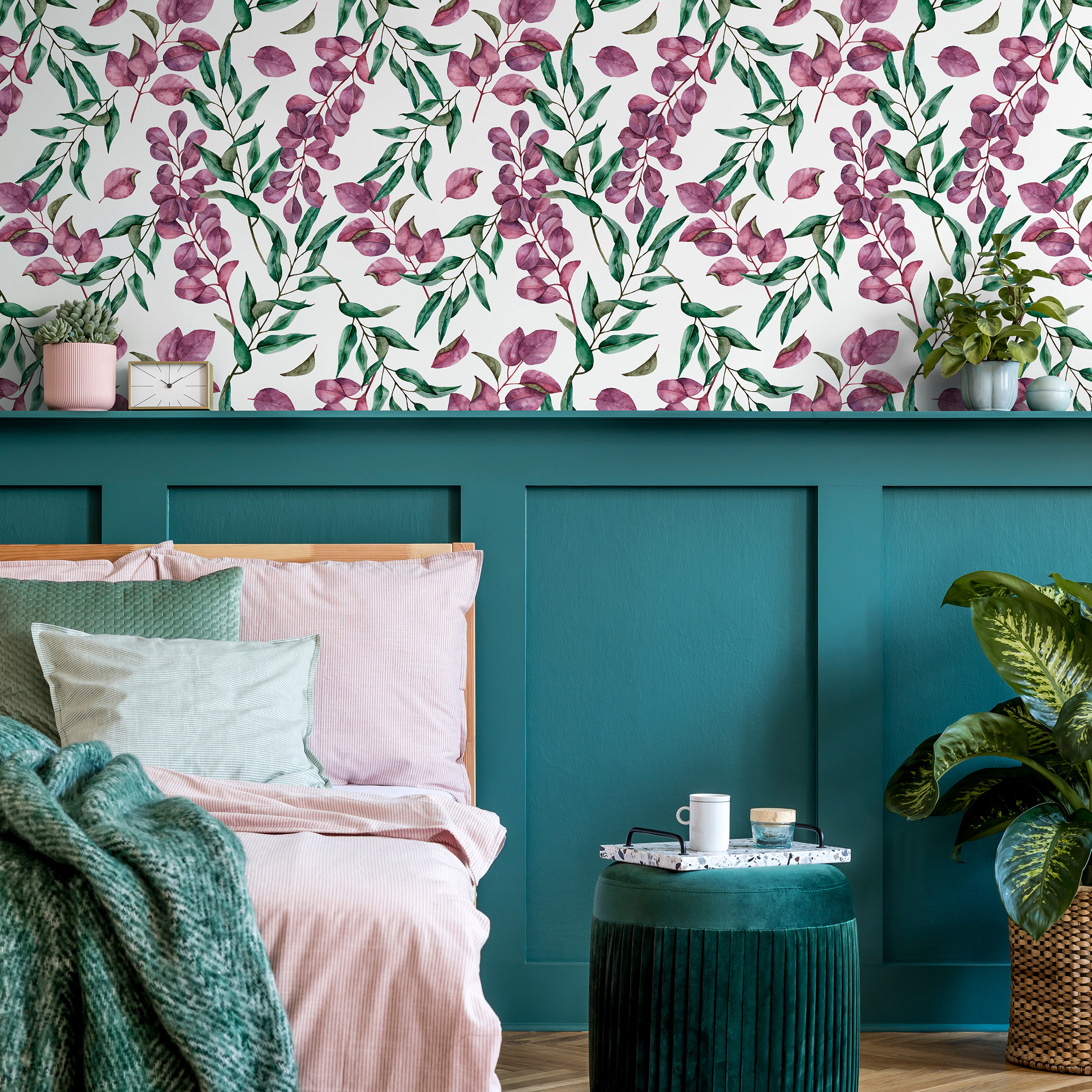 Botanical Wallpaper Featuring Watercolor Eucalyptus In Purple And Green - C794
