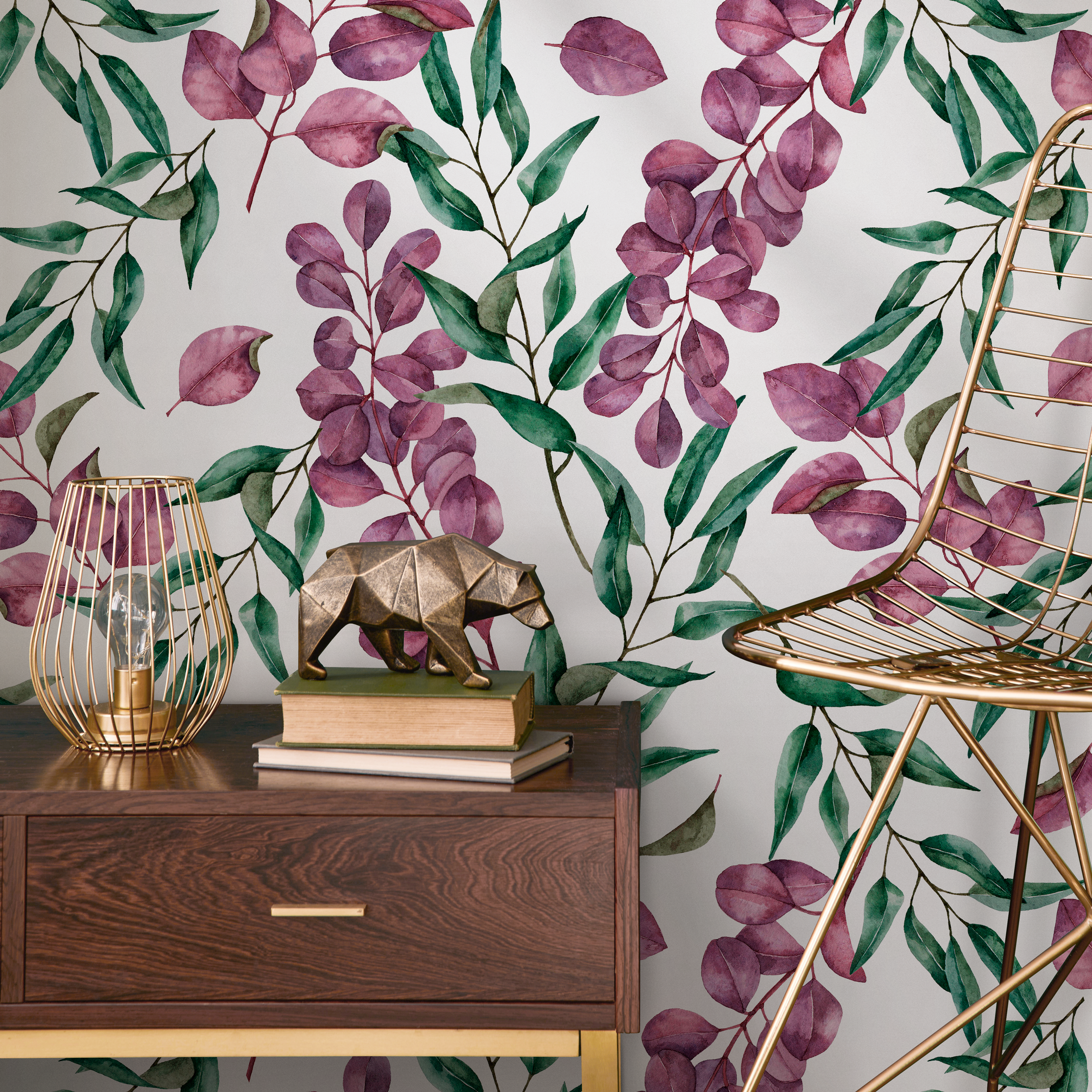 Botanical Wallpaper Featuring Watercolor Eucalyptus In Purple And Green - C794