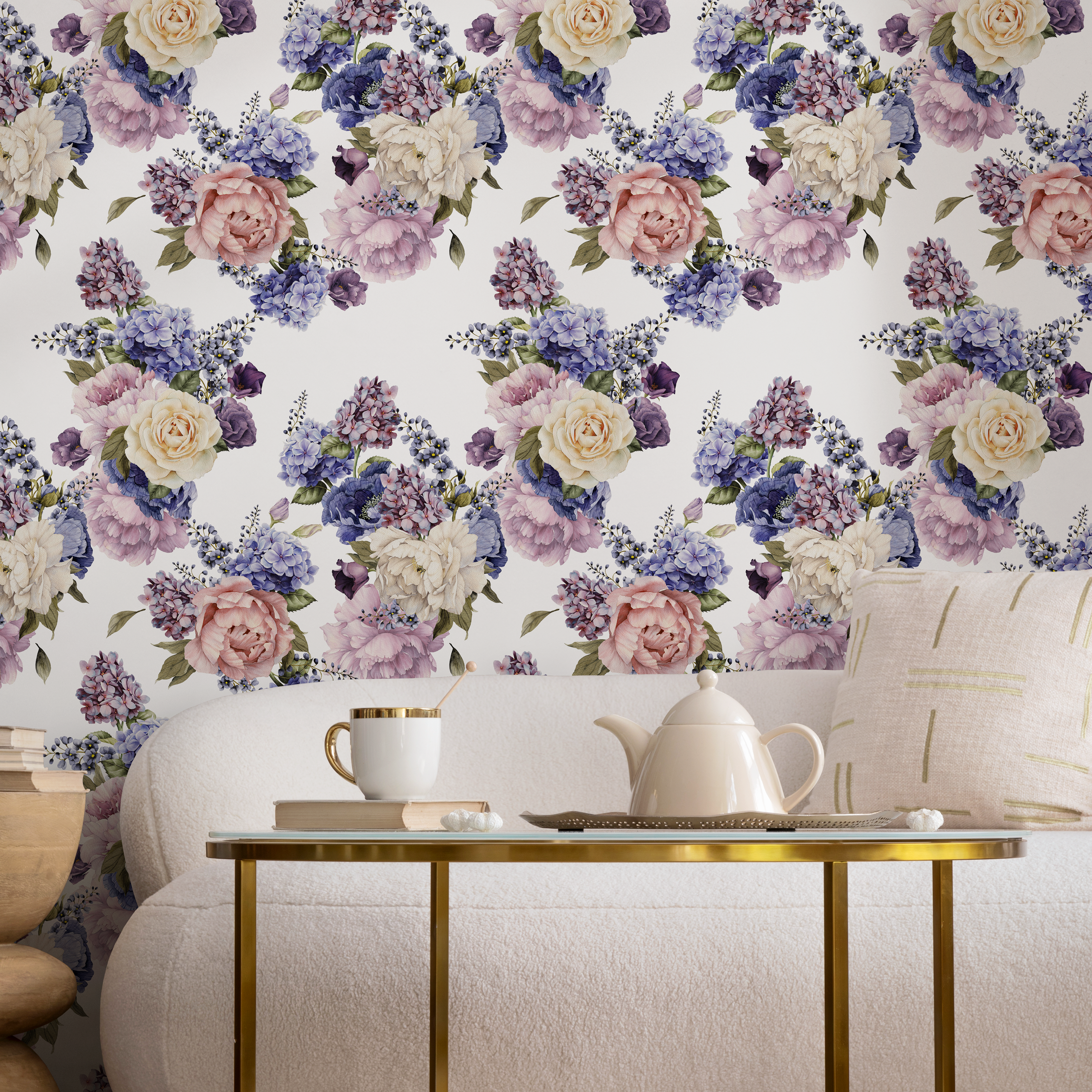 Floral Wallpaper With Watercolor Roses And Hydrangeas In Purple, Blue, And Pink - C795