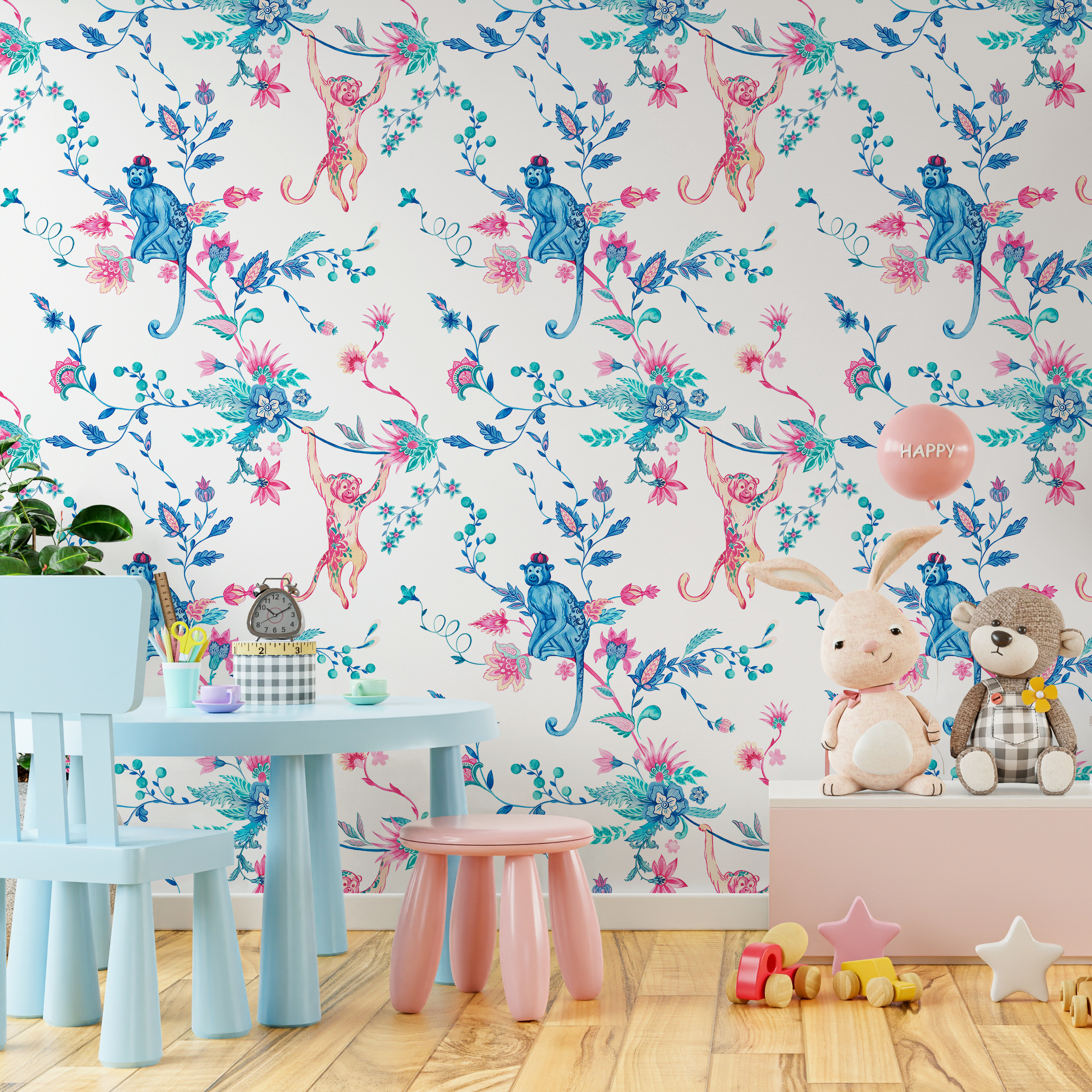 Animal Wallpaper With Monkeys And Floral Vines In Blue, Pink, And Teal - C796