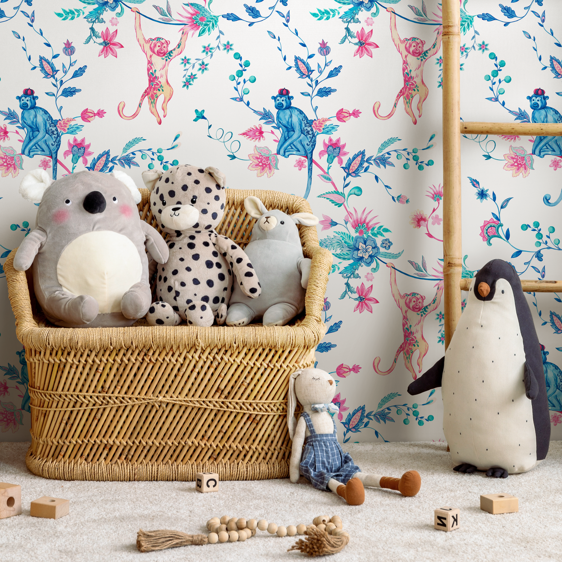 Animal Wallpaper With Monkeys And Floral Vines In Blue, Pink, And Teal - C796