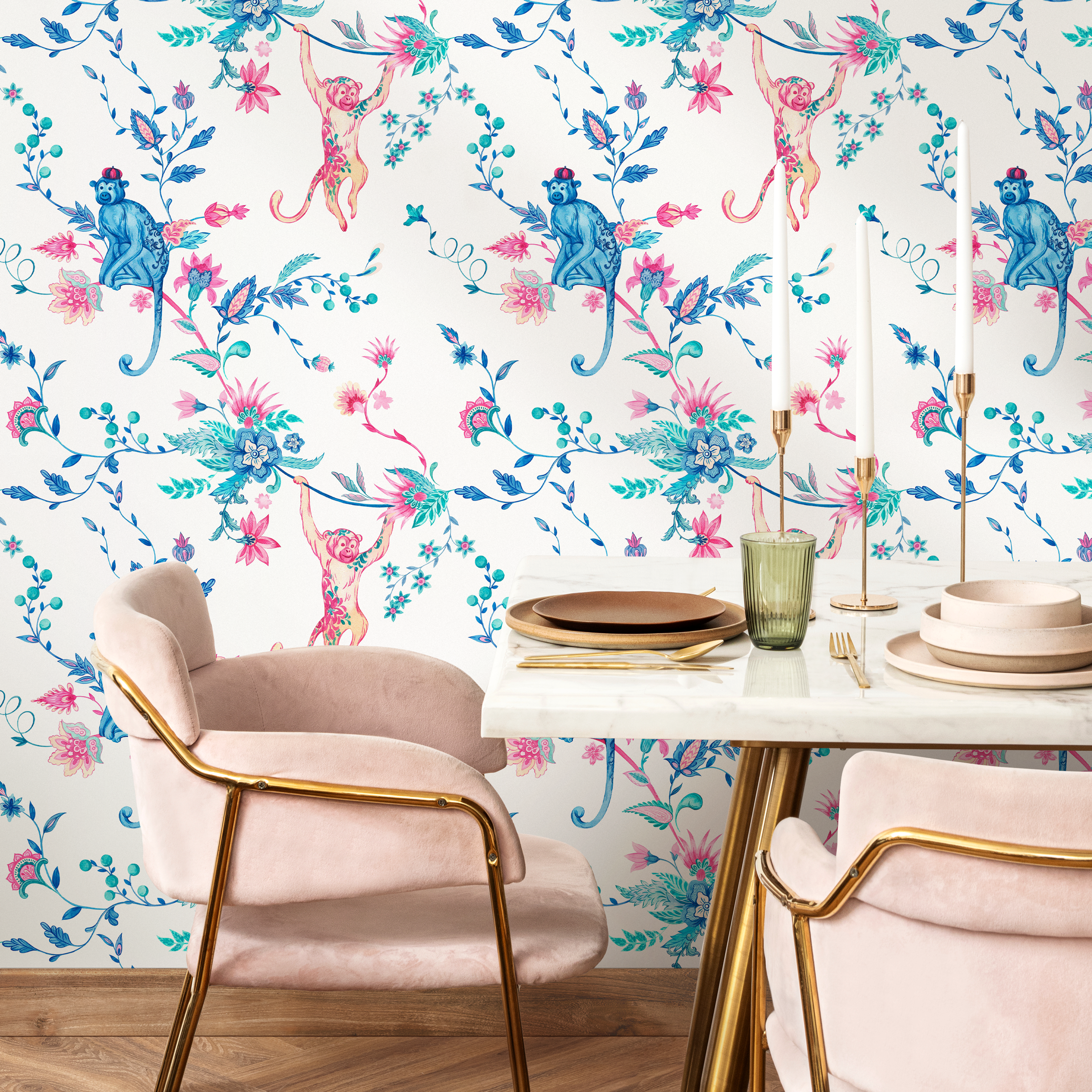 Animal Wallpaper With Monkeys And Floral Vines In Blue, Pink, And Teal - C796