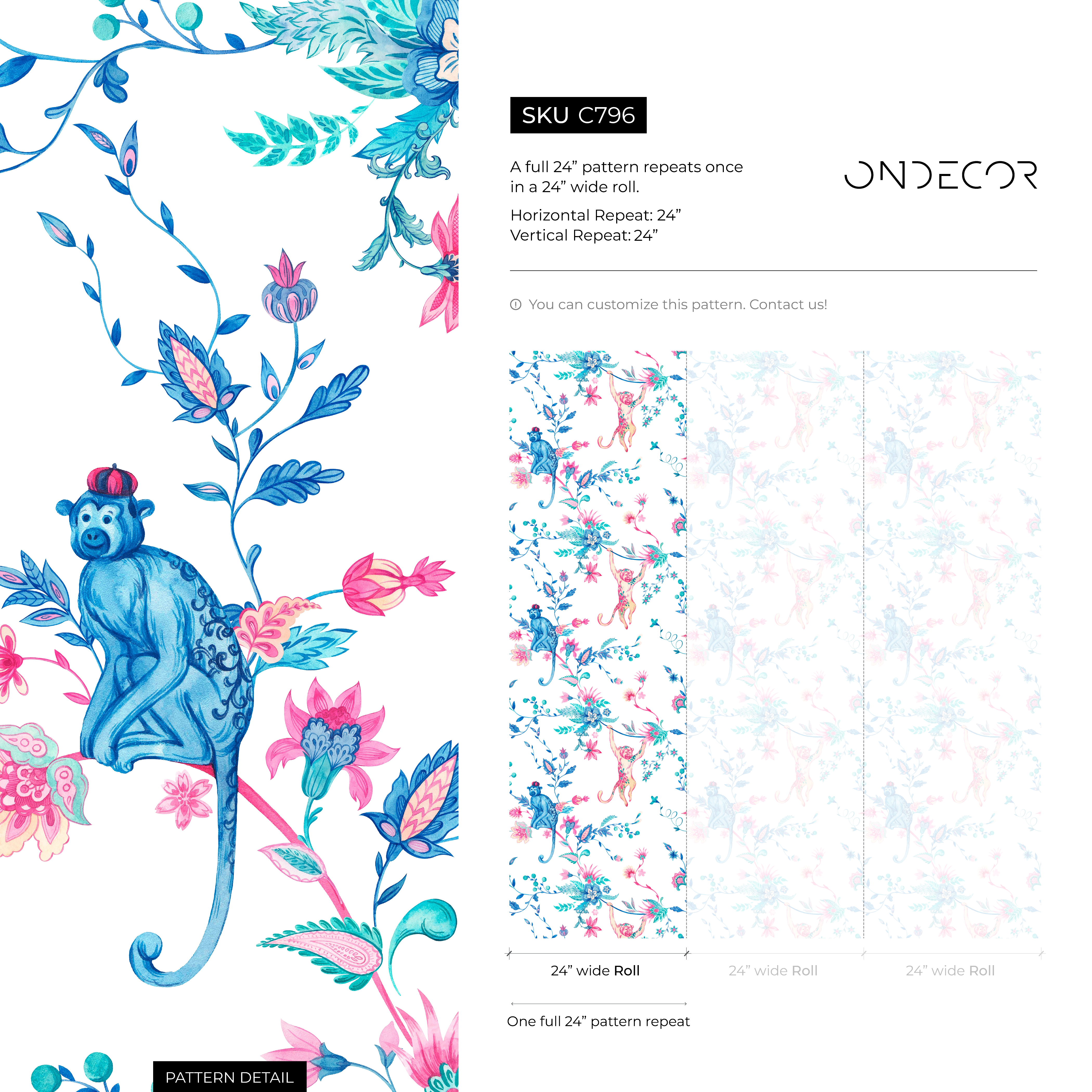 Animal Wallpaper With Monkeys And Floral Vines In Blue, Pink, And Teal - C796