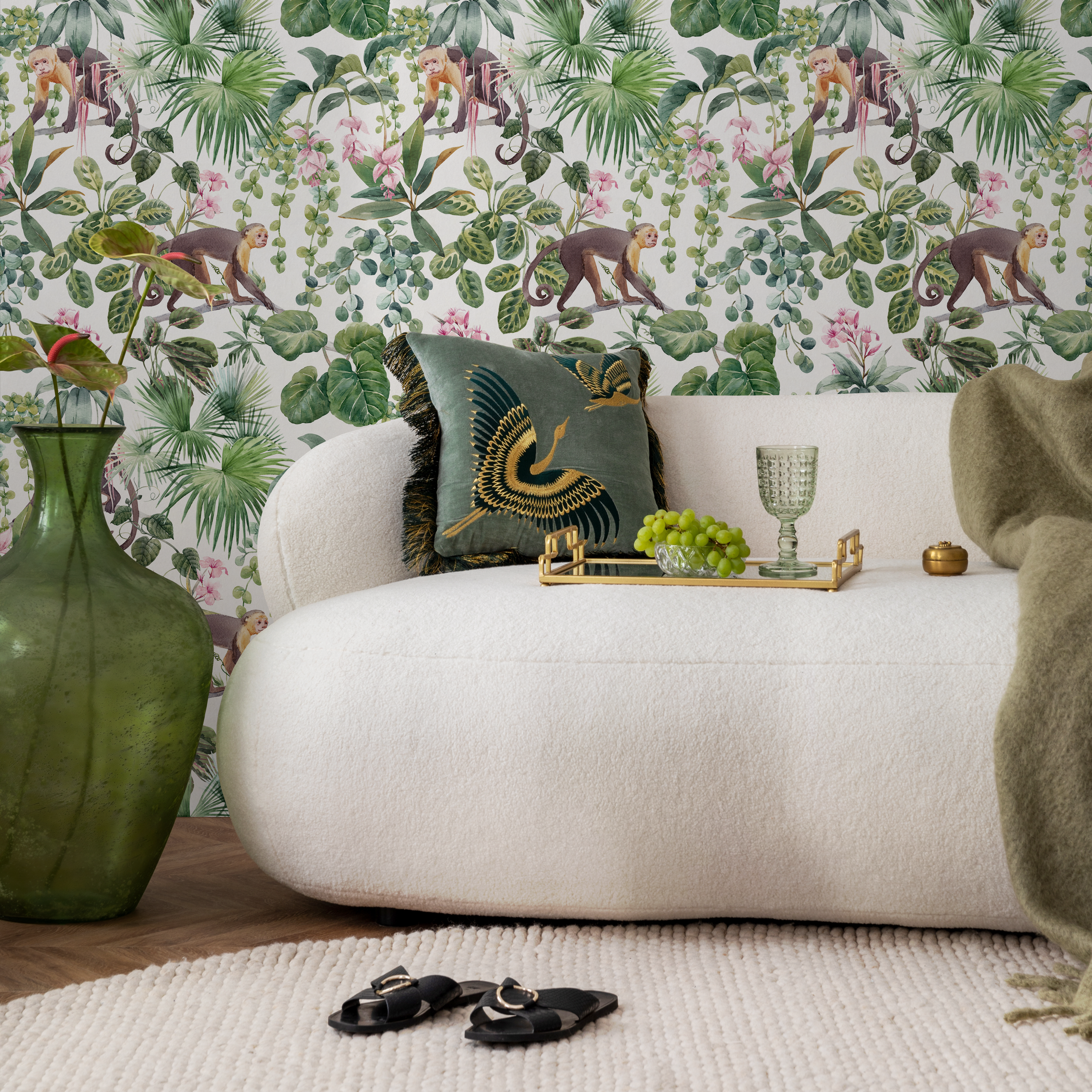 Botanical Wallpaper With A Monkey And Jungle Motif In Green, Brown, And Pink - C797