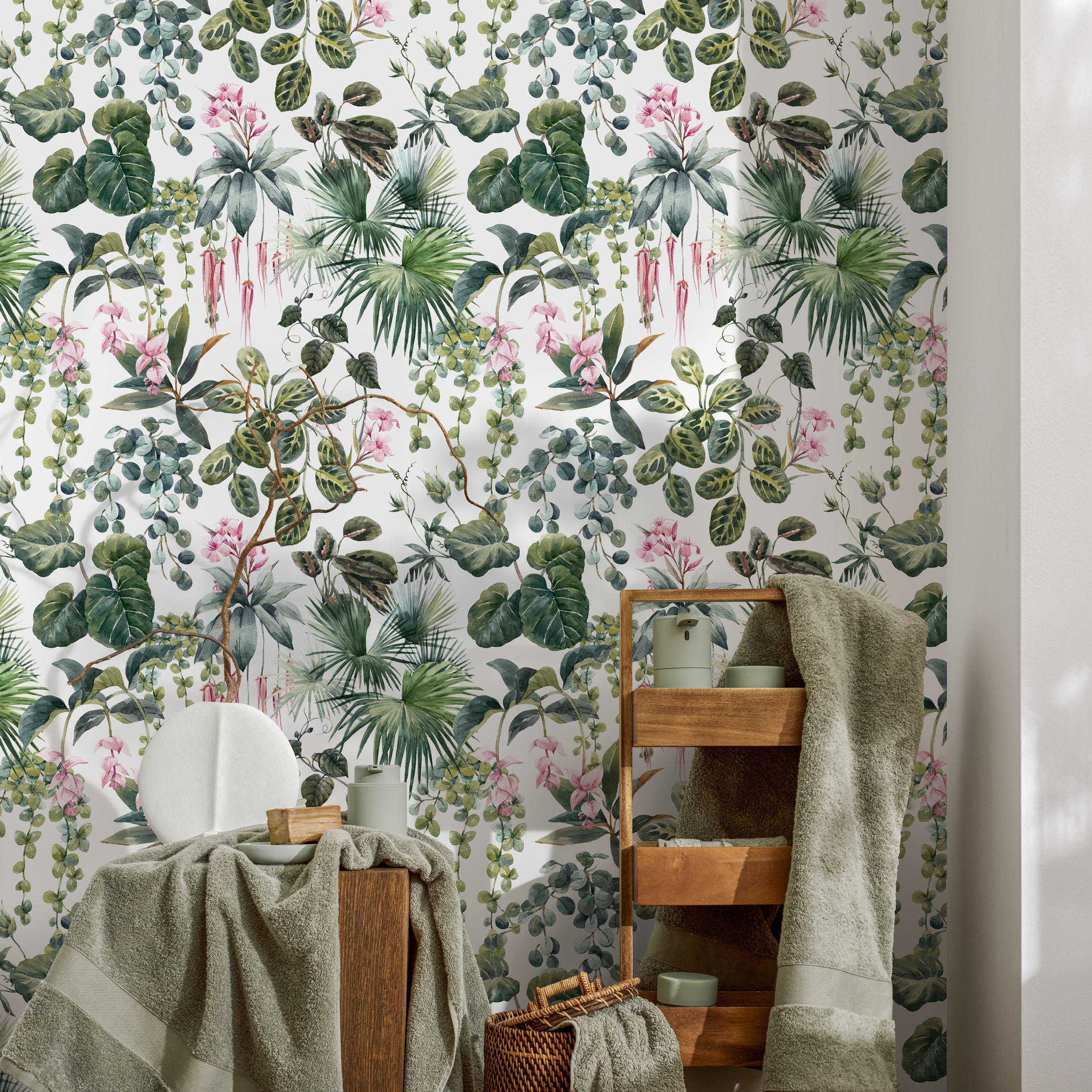 Botanical Wallpaper With Lush Jungle Foliage In Green And Pink - C798