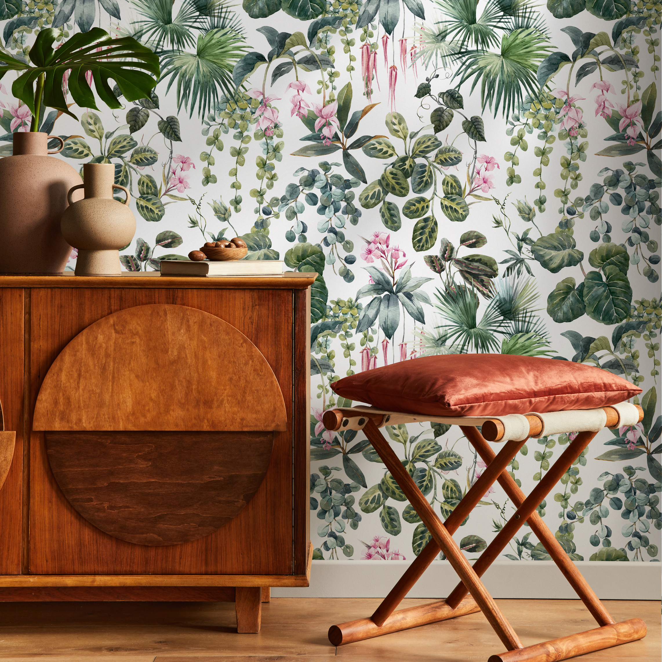 Botanical Wallpaper With Lush Jungle Foliage In Green And Pink - C798