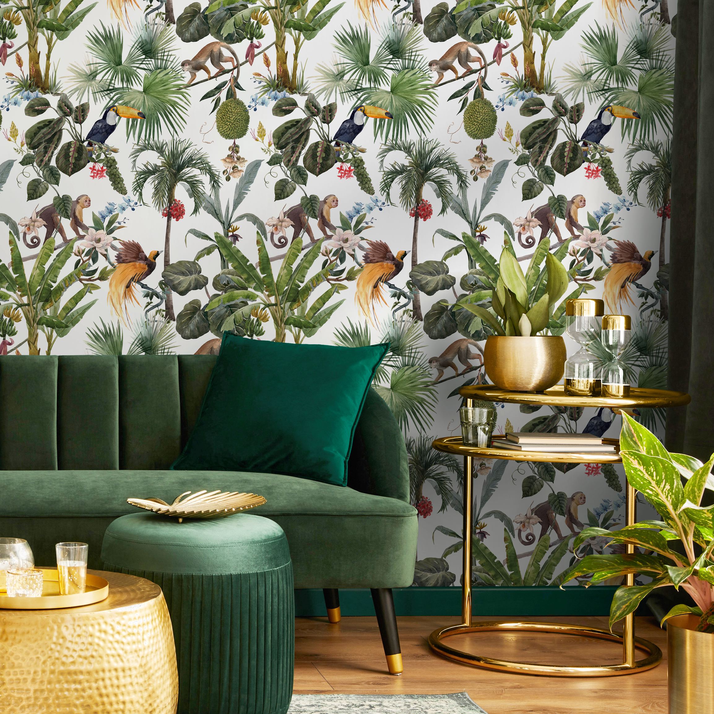 Jungle Wallpaper With Monkeys And Tropical Birds In Green And Brown - C799