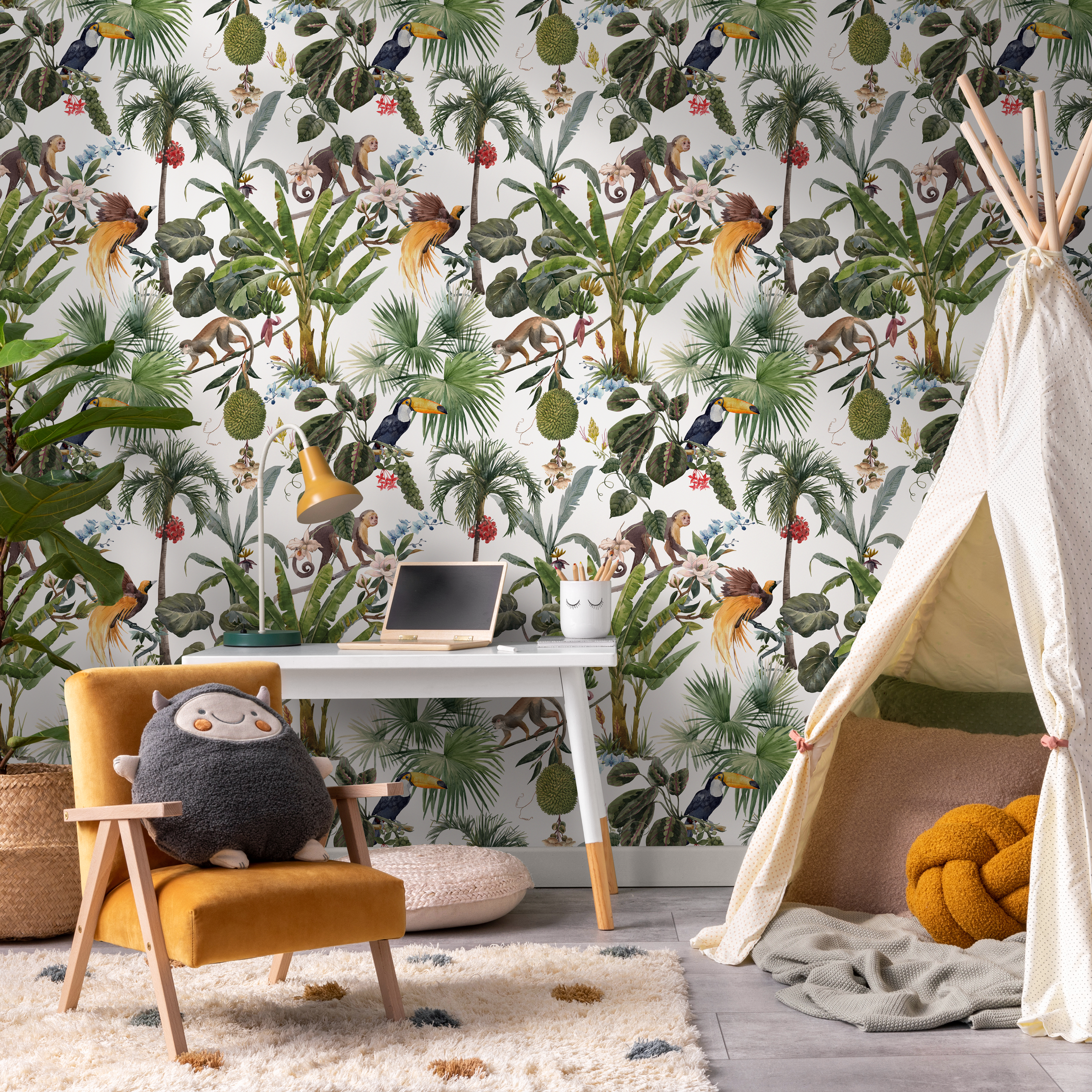Jungle Wallpaper With Monkeys And Tropical Birds In Green And Brown - C799