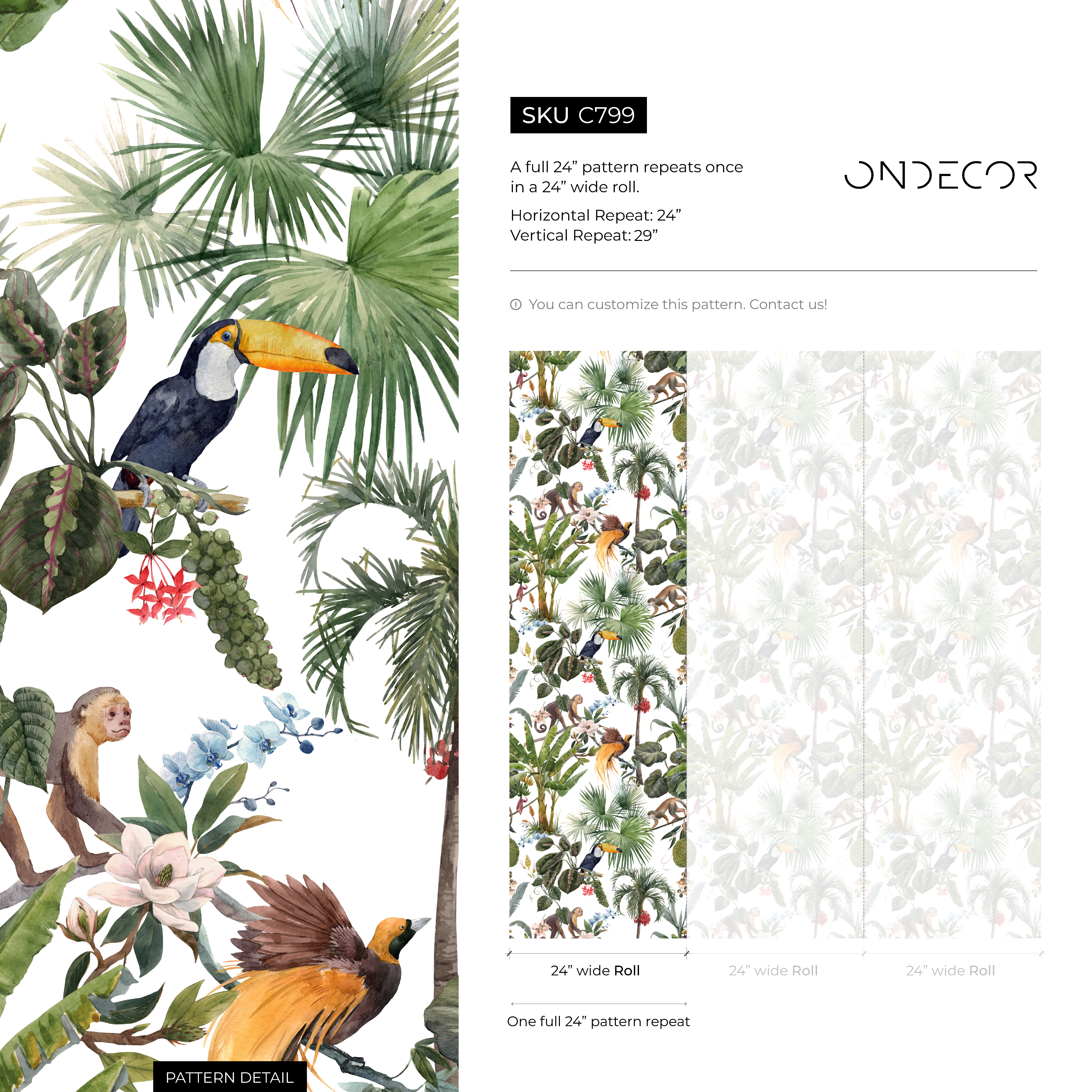 Jungle Wallpaper With Monkeys And Tropical Birds In Green And Brown - C799