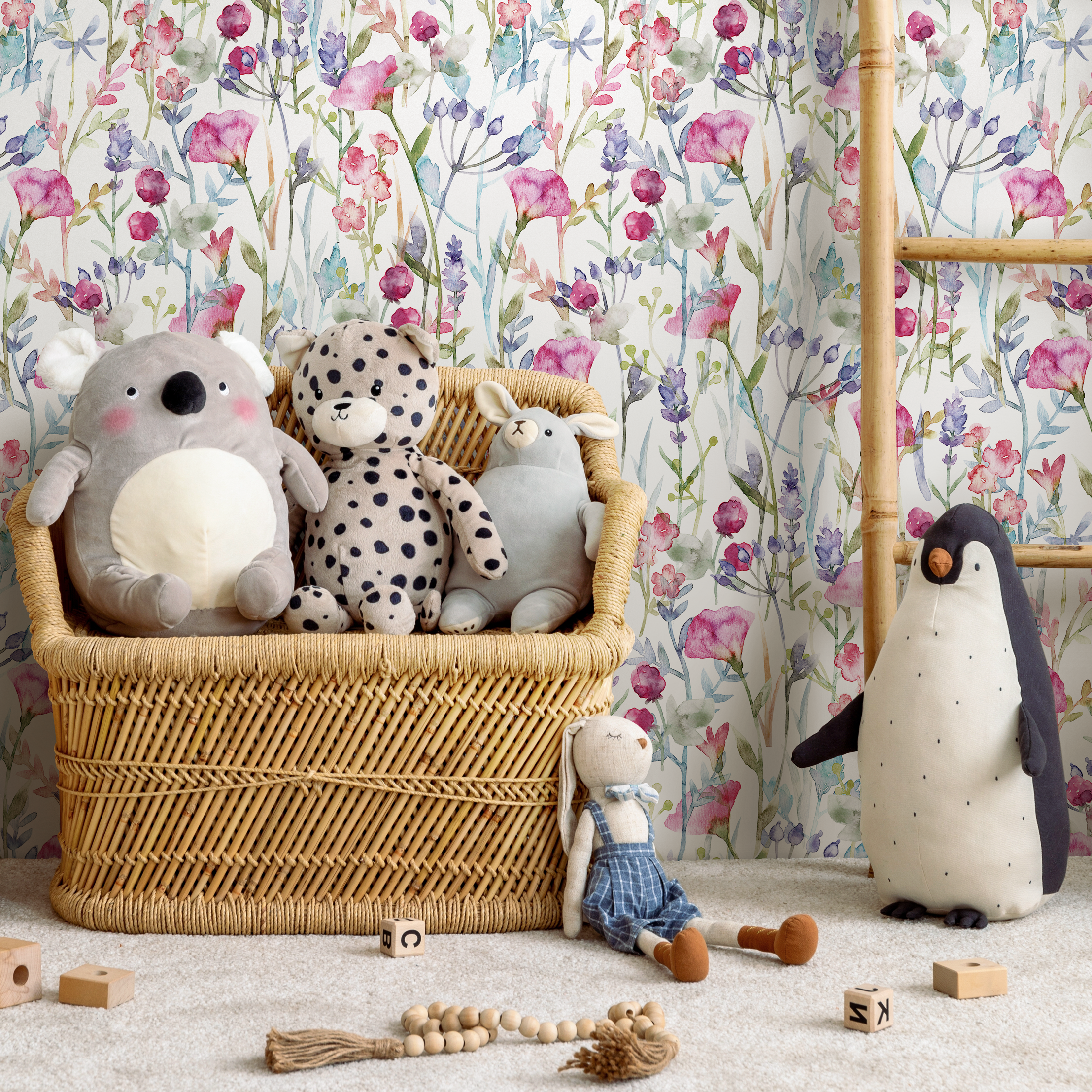 Watercolor Wallpaper Featuring A Wildflower Meadow In Pink, Purple, And Blue - C801