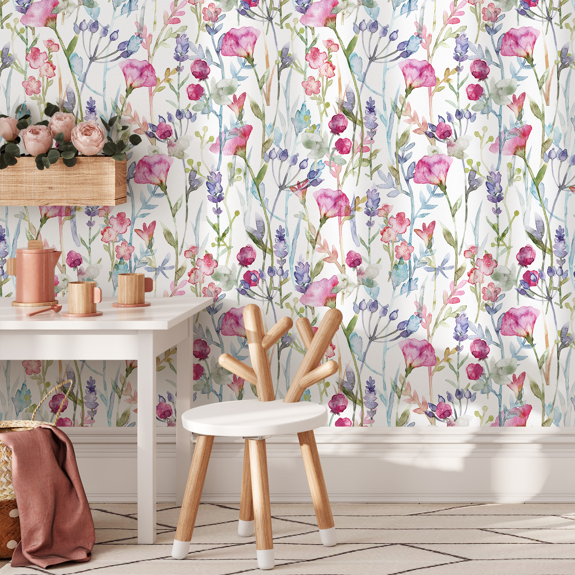 Watercolor Wallpaper Featuring A Wildflower Meadow In Pink, Purple, And Blue - C801
