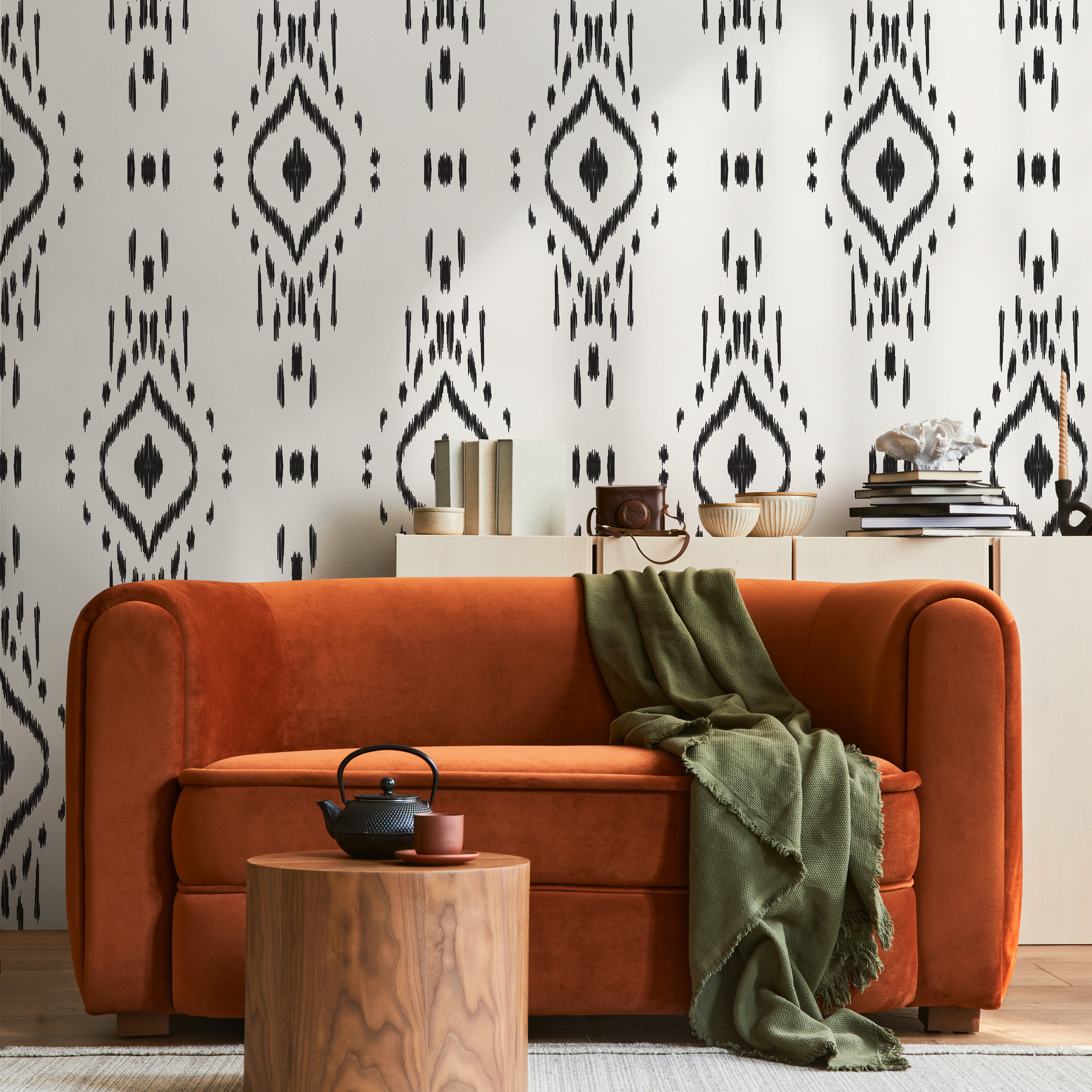 African Wallpaper With A Sketched Ikat Motif In Black And White - C803