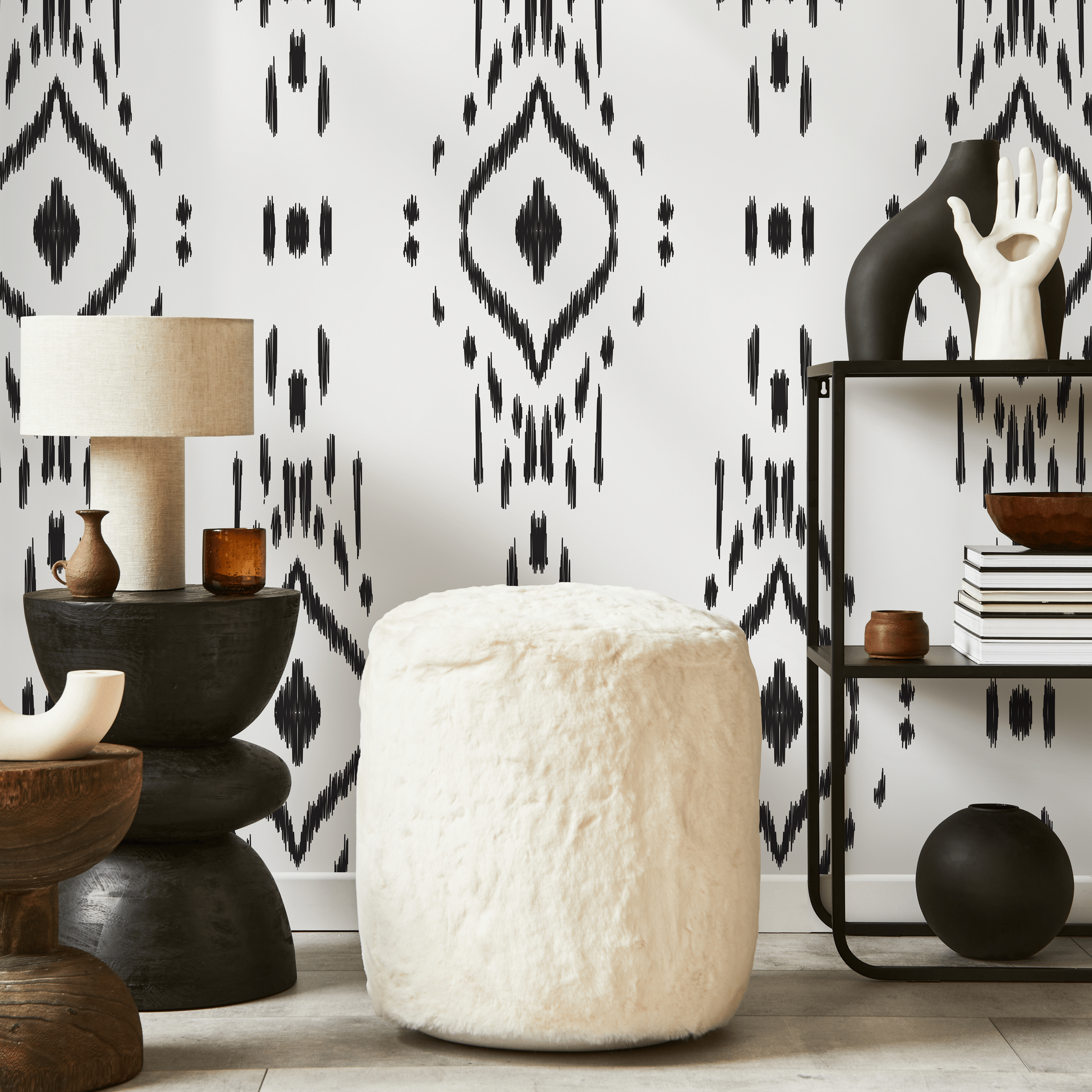 African Wallpaper With A Sketched Ikat Motif In Black And White - C803