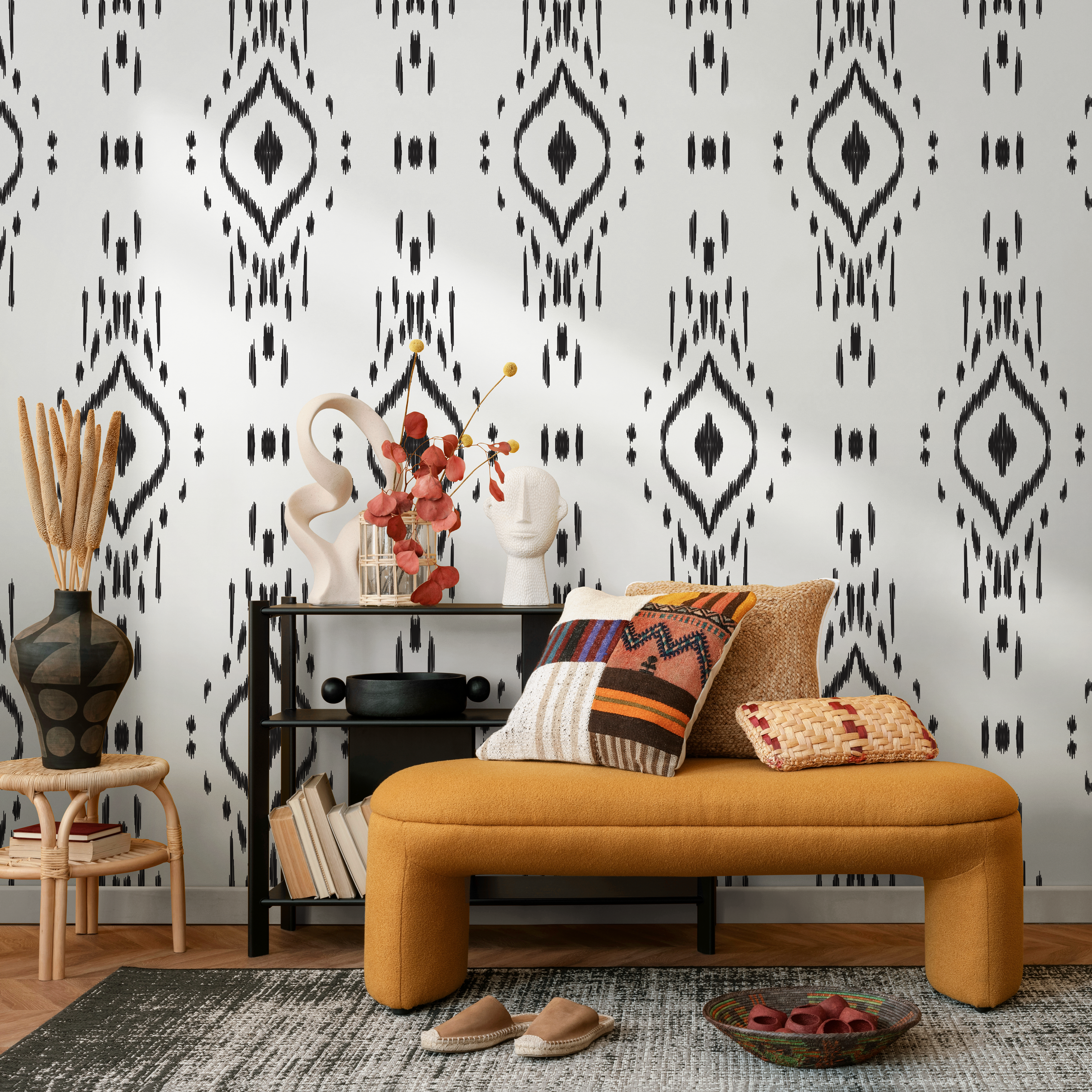 African Wallpaper With A Sketched Ikat Motif In Black And White - C803