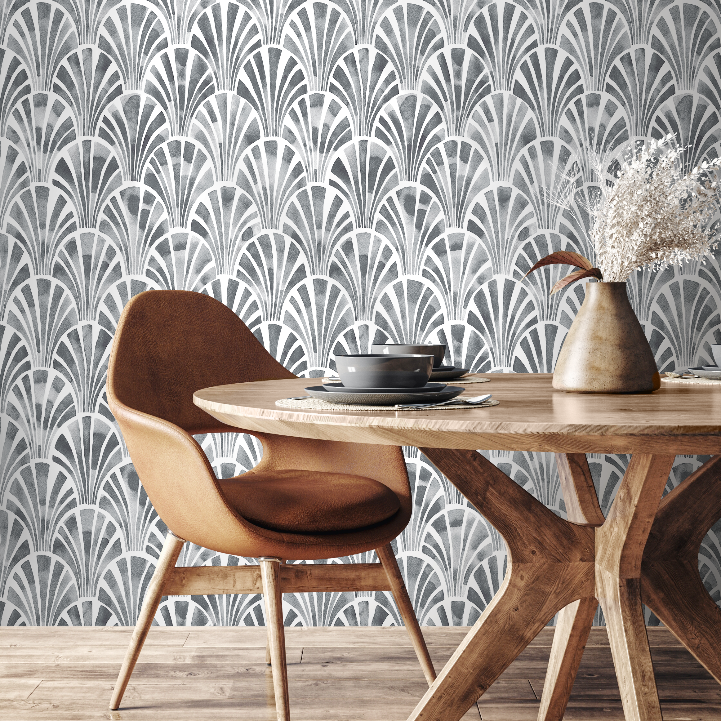 Art Deco Wallpaper With A Watercolor Fan Motif In Shades Of Gray - C805