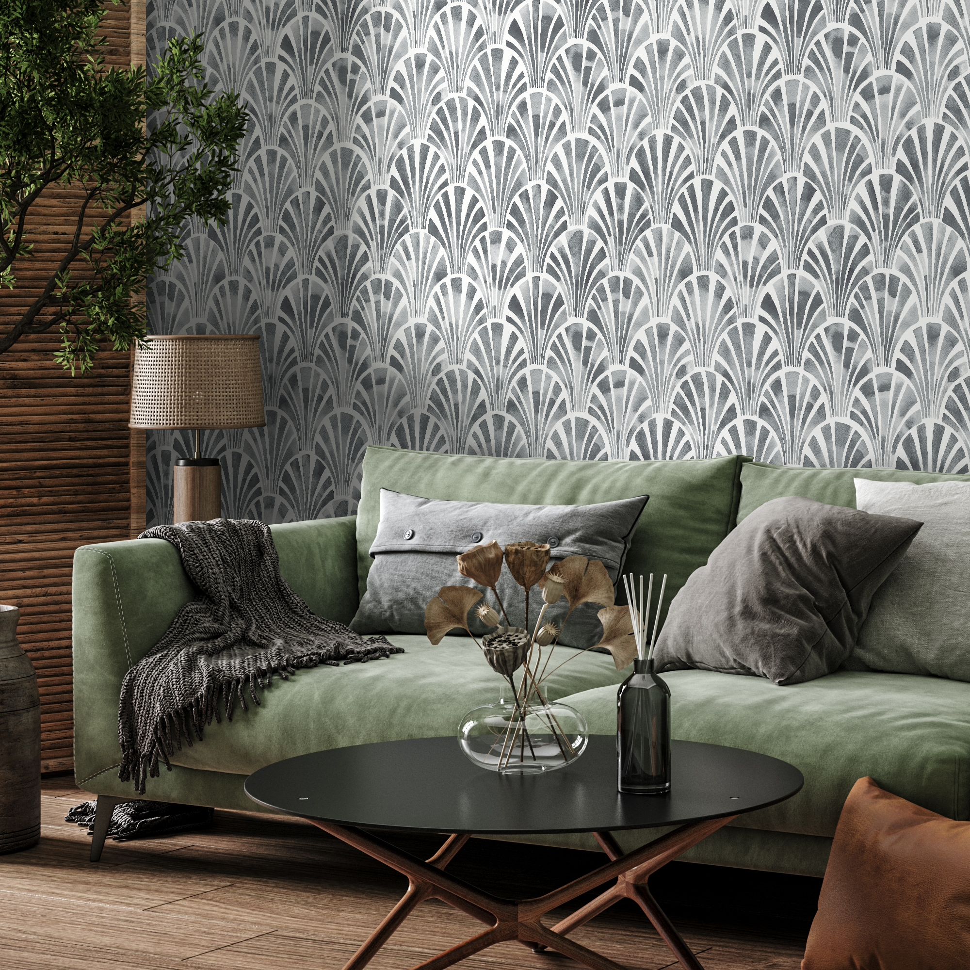 Art Deco Wallpaper With A Watercolor Fan Motif In Shades Of Gray - C805
