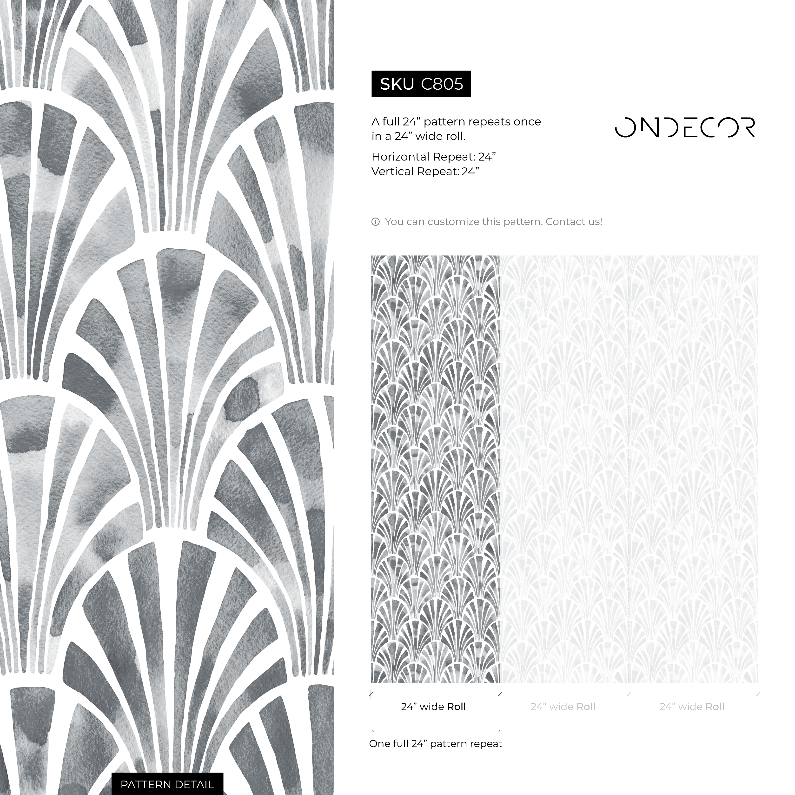 Art Deco Wallpaper With A Watercolor Fan Motif In Shades Of Gray - C805