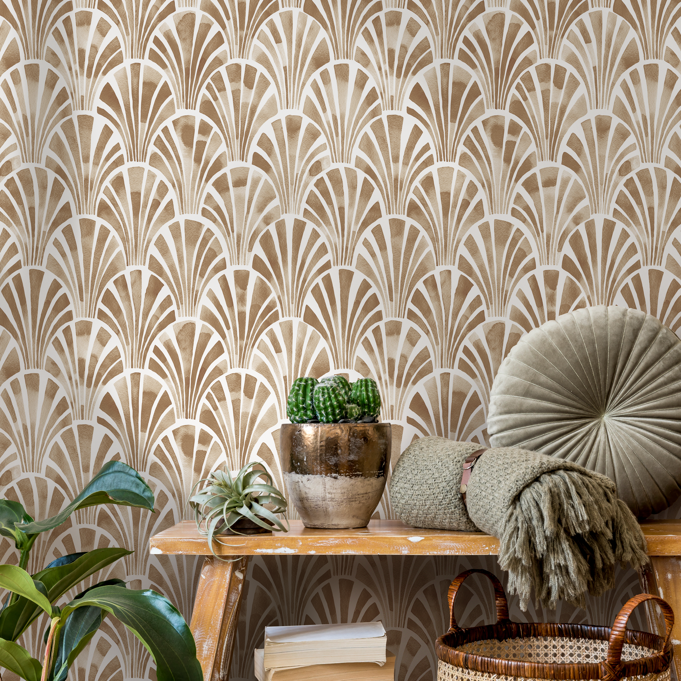 Art Deco Wallpaper With A Watercolor Fan Motif In Brown And White - C806