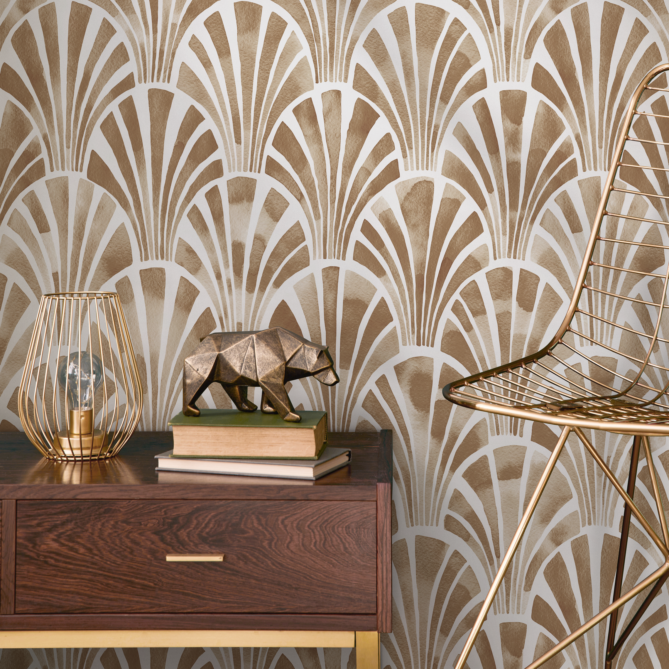 Art Deco Wallpaper With A Watercolor Fan Motif In Brown And White - C806