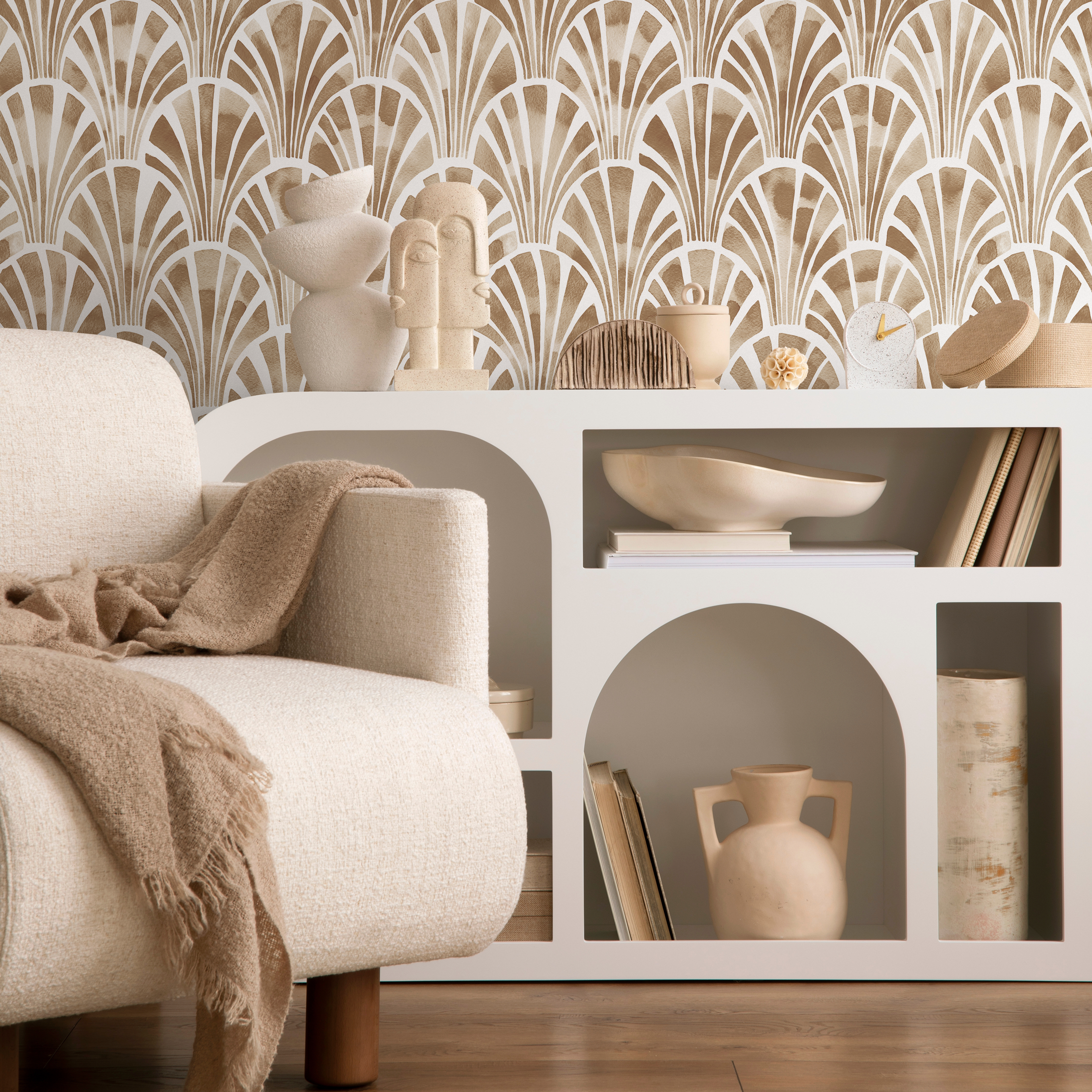 Art Deco Wallpaper With A Watercolor Fan Motif In Brown And White - C806