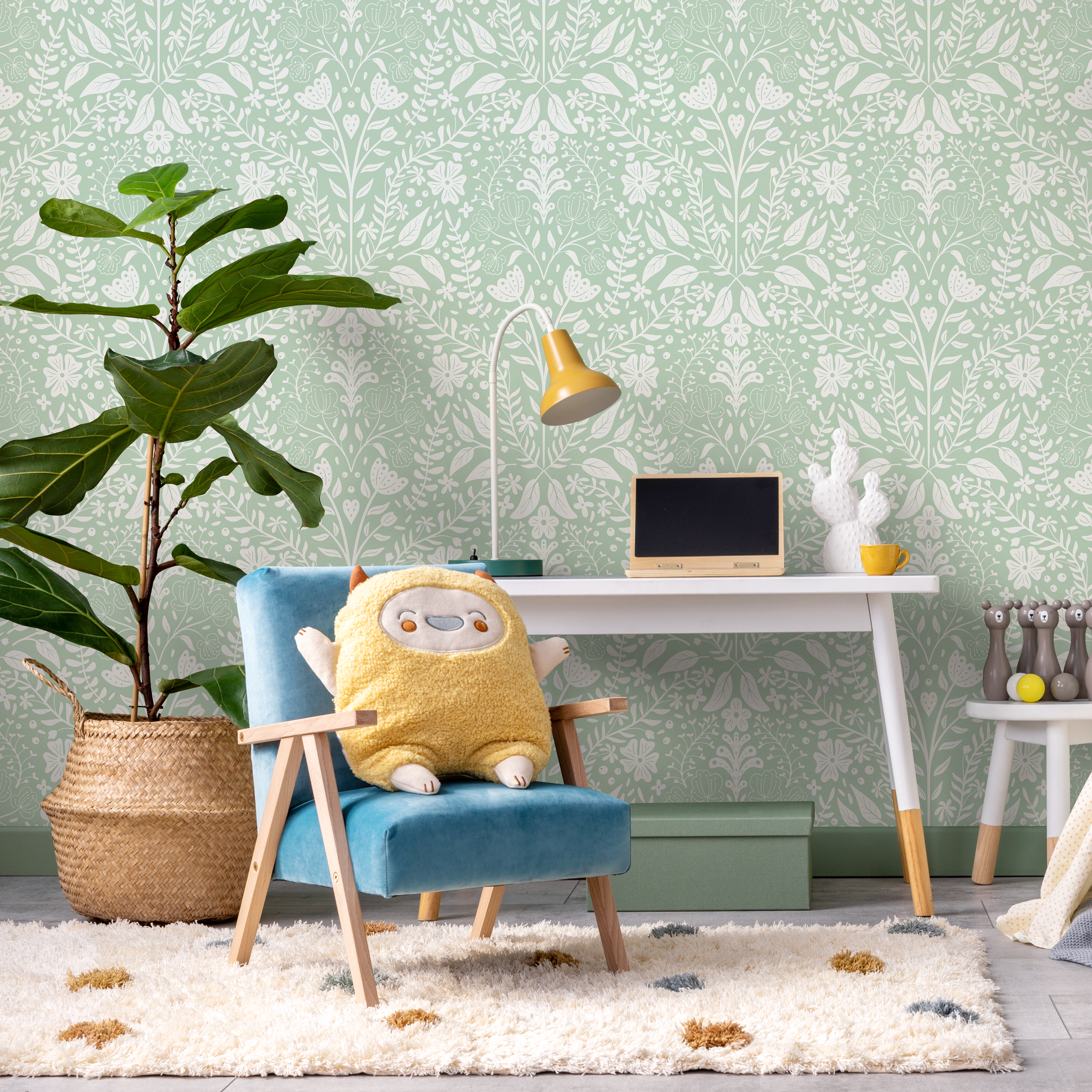 Botanical Wallpaper With A Folk Art Wildflower Motif In Mint Green And White - C808