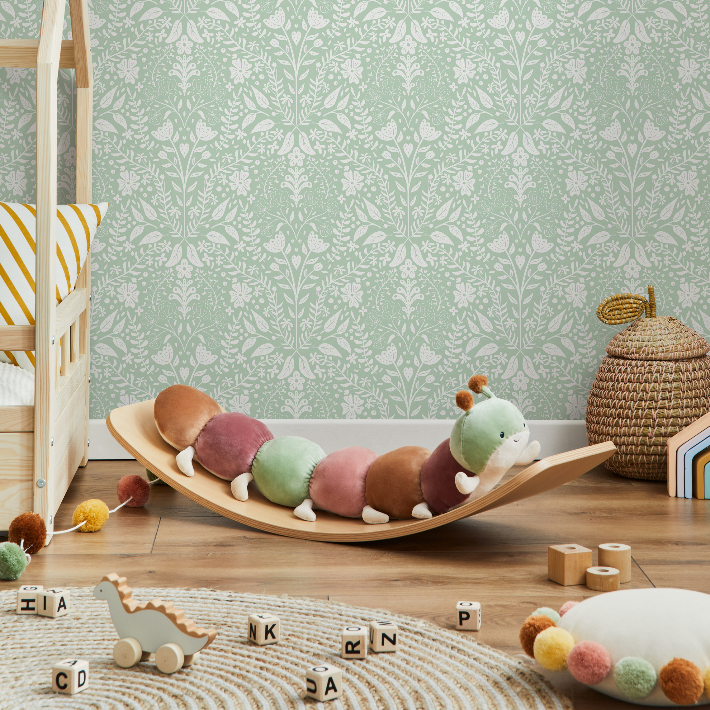 Botanical Wallpaper With A Folk Art Wildflower Motif In Mint Green And White - C808